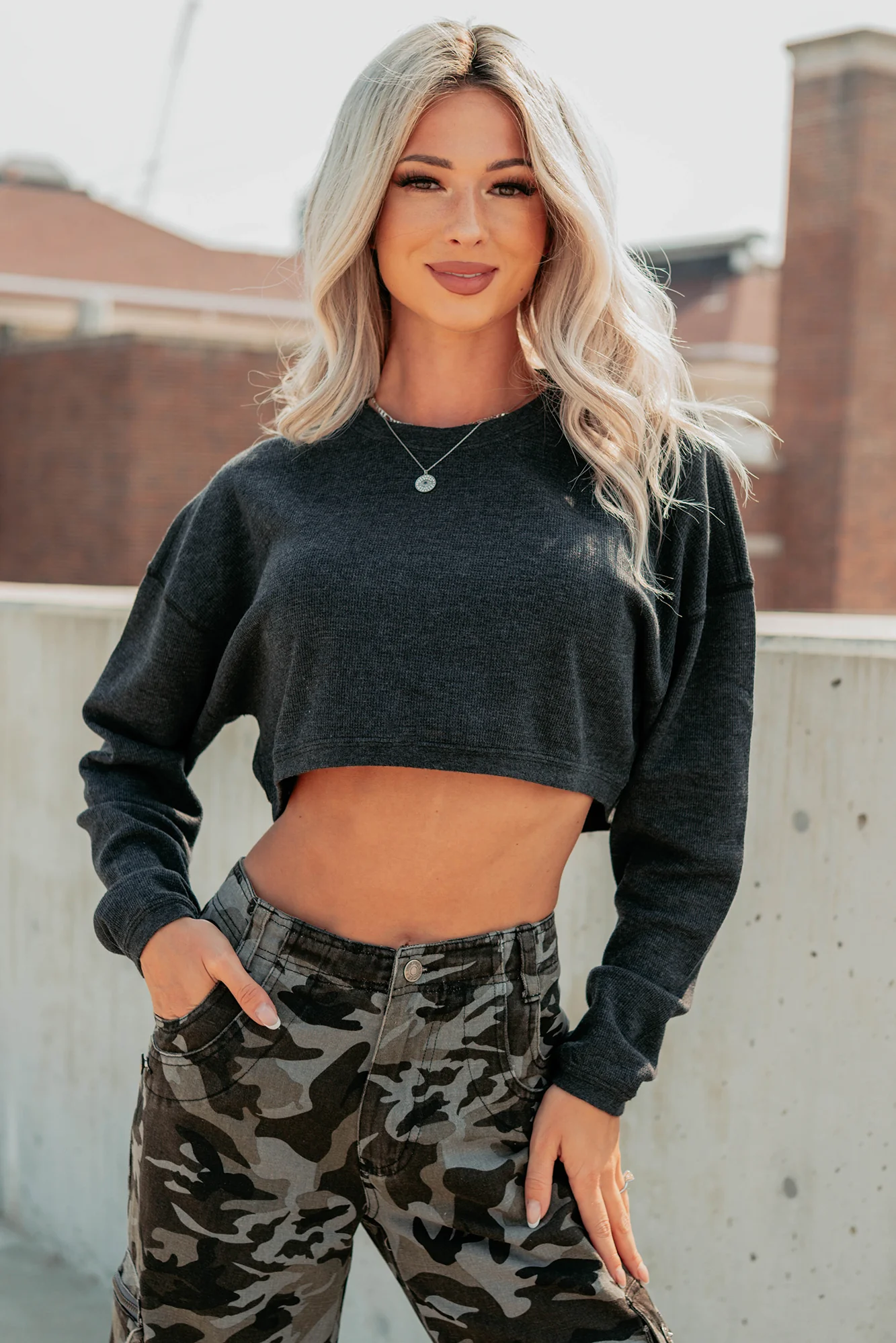 Everyday Cool Waffle Knit Long Sleeve Crop Top (Black) - Image 4
