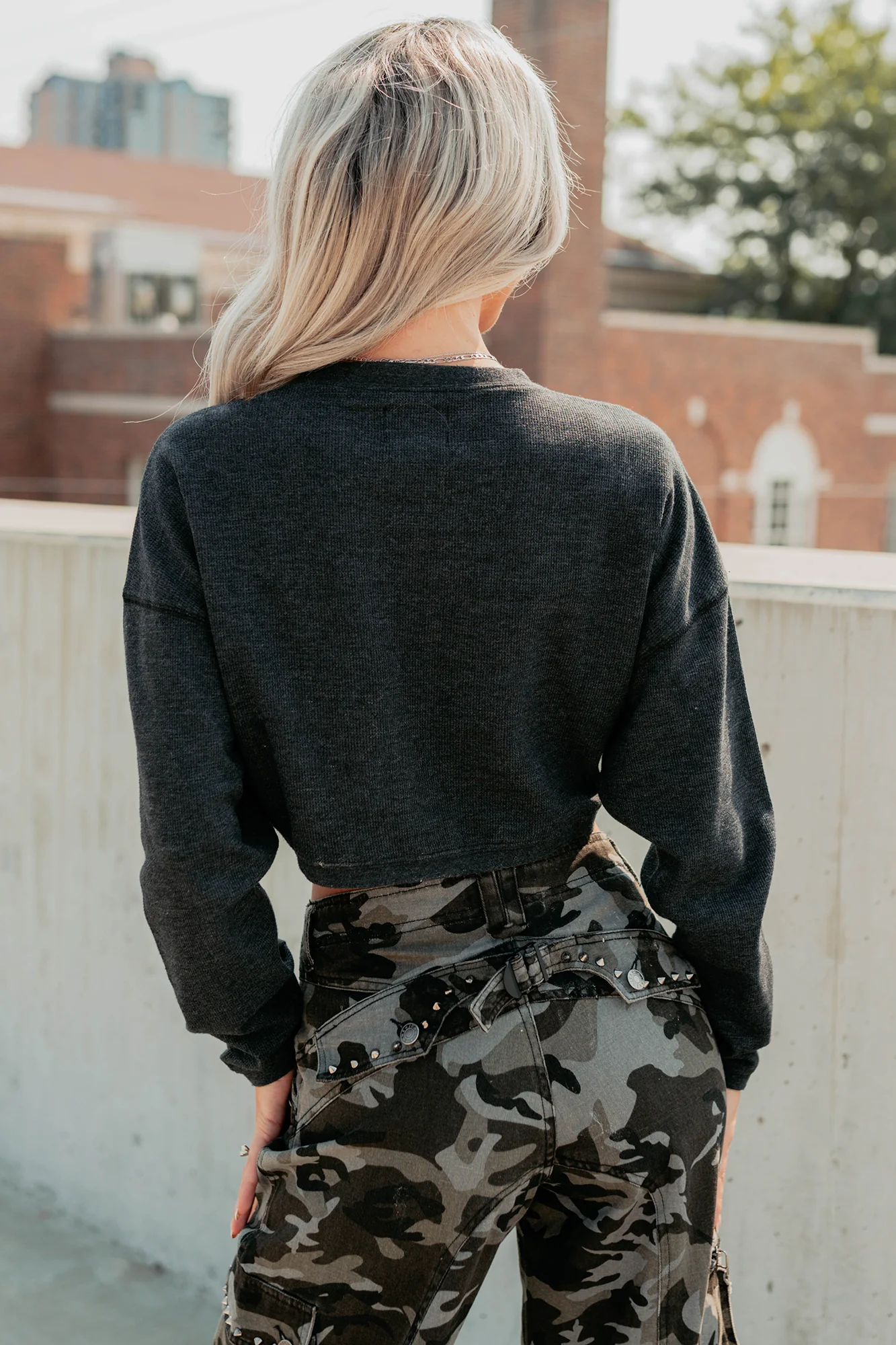 Everyday Cool Waffle Knit Long Sleeve Crop Top (Black) - Image 5