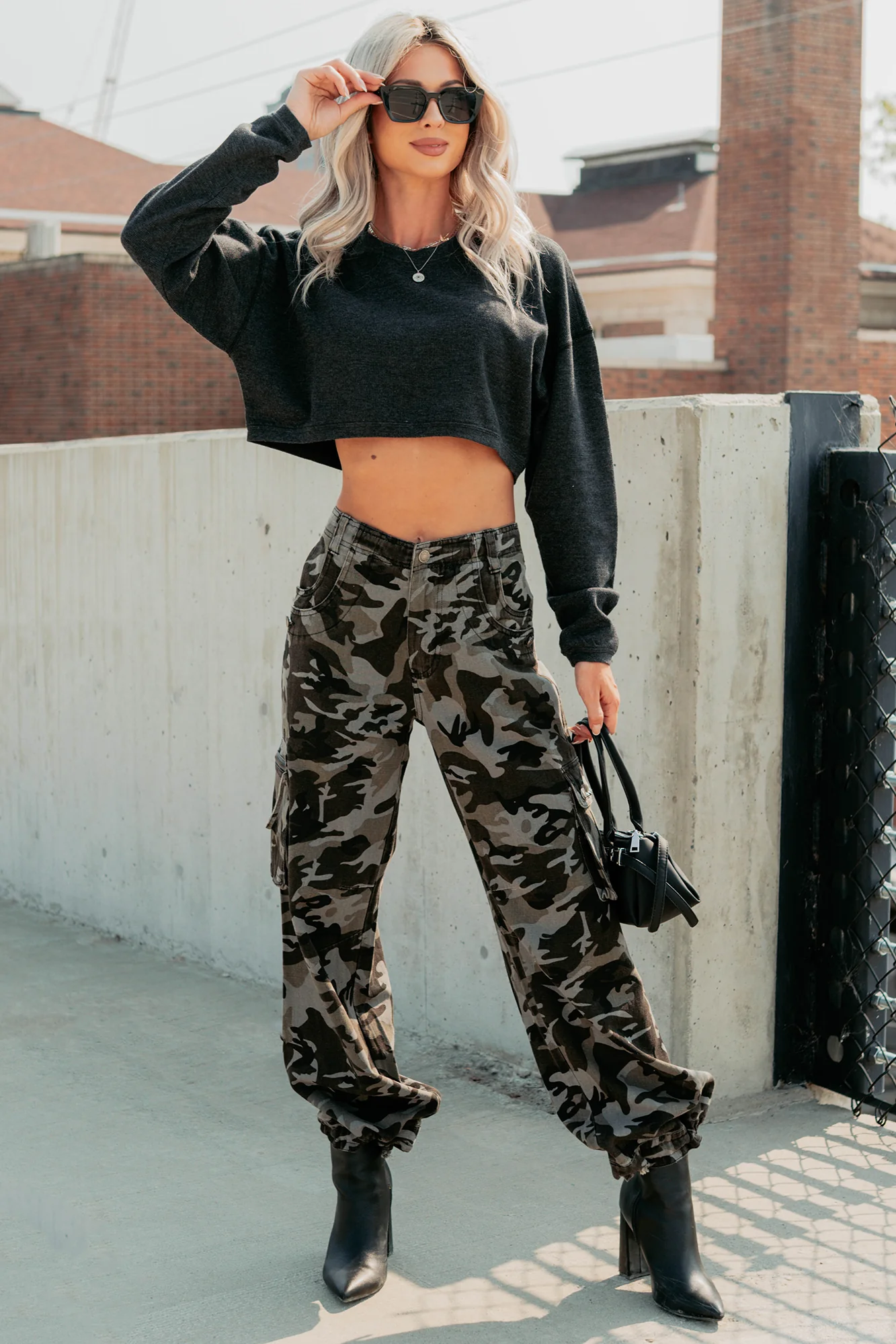 Everyday Cool Waffle Knit Long Sleeve Crop Top (Black) - Image 7