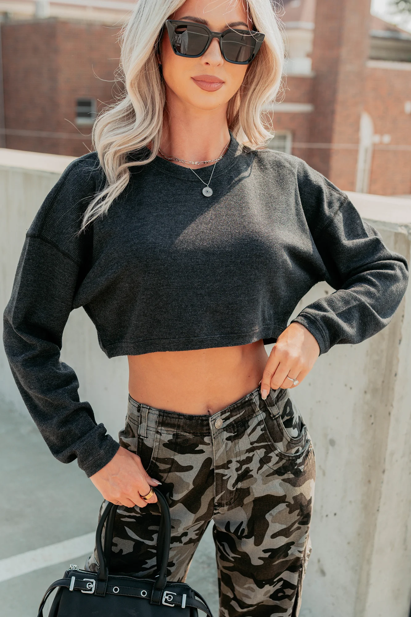 Everyday Cool Waffle Knit Long Sleeve Crop Top (Black) - Image 8