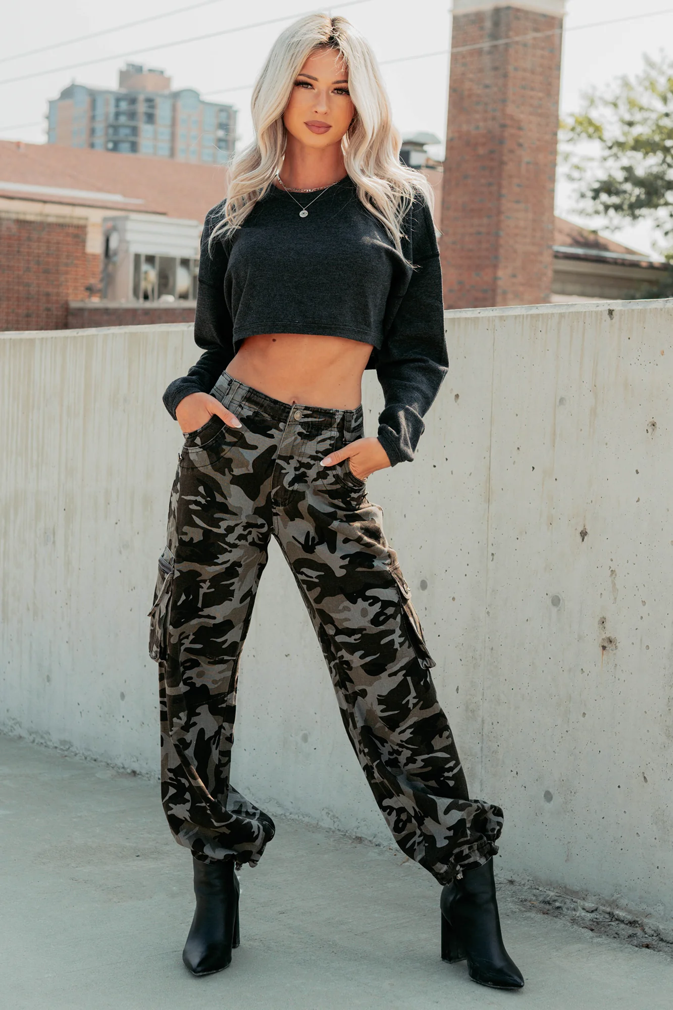 Everyday Cool Waffle Knit Long Sleeve Crop Top (Black) - Image 9