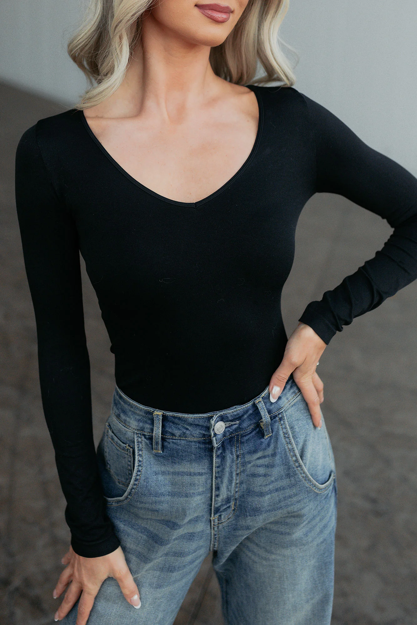 Everyday Lovely V Neck Long Sleeve Bodysuit (Black) - Image 6