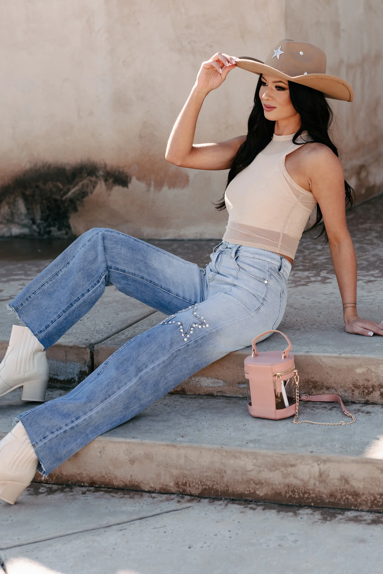 DOORBUSTER Evianna Mid-Rise Rhinestone Star Straight Leg Jeans (Light Wash) - Image 8