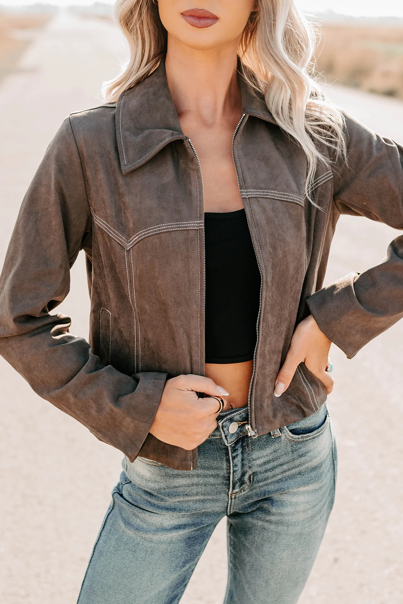 Exploring More Faux Suede Zip-Up Jacket (Charcoal) - Image 10