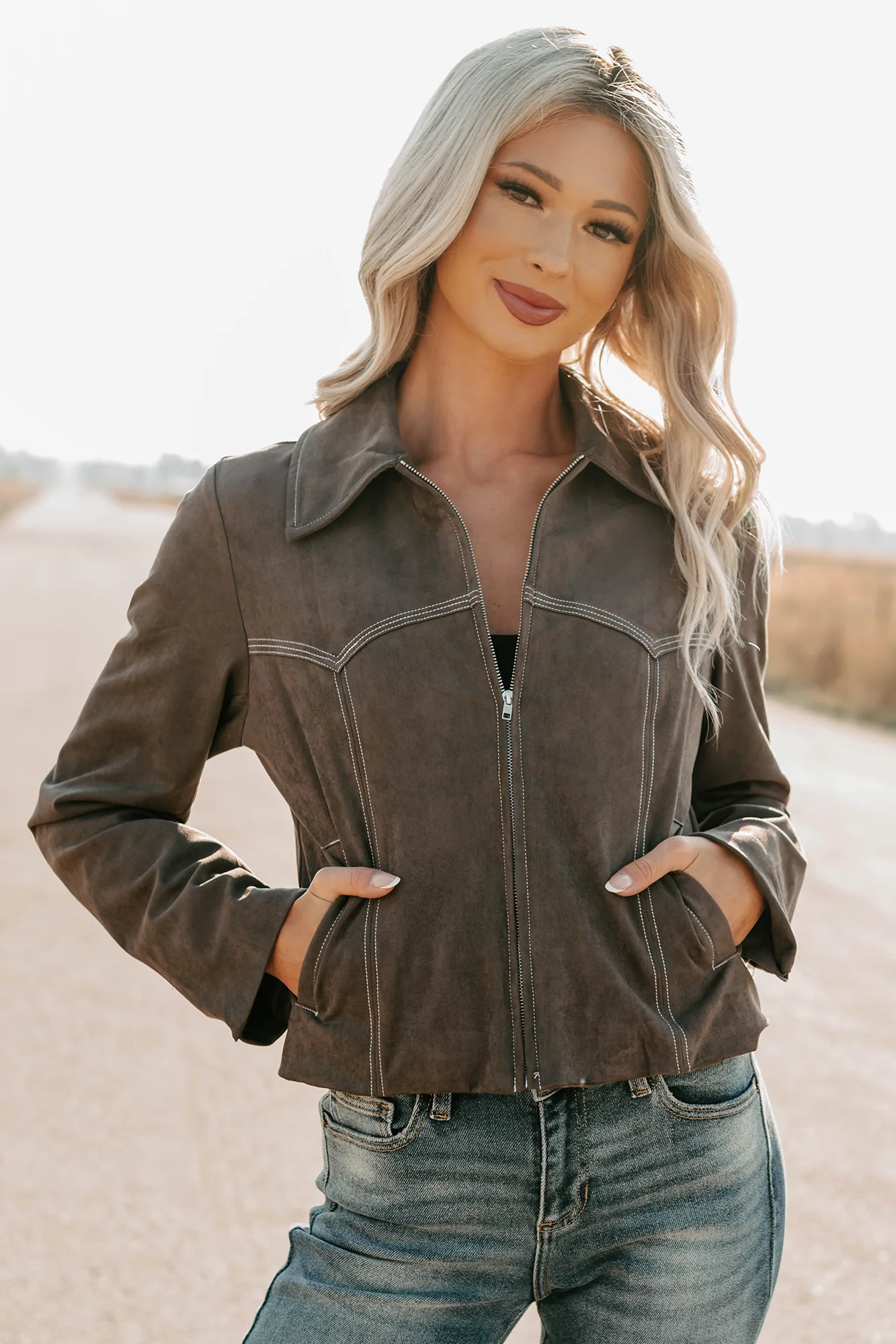 Exploring More Faux Suede Zip-Up Jacket (Charcoal) - Image 4