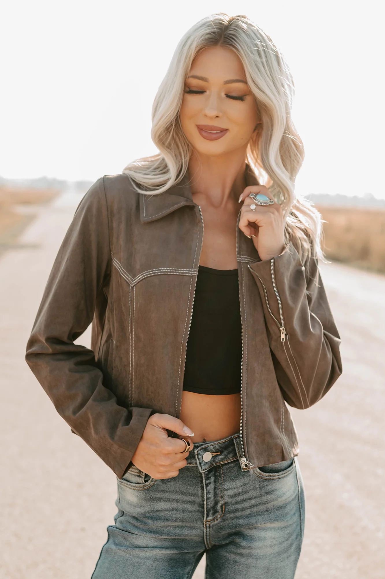 Exploring More Faux Suede Zip-Up Jacket (Charcoal) - Image 5