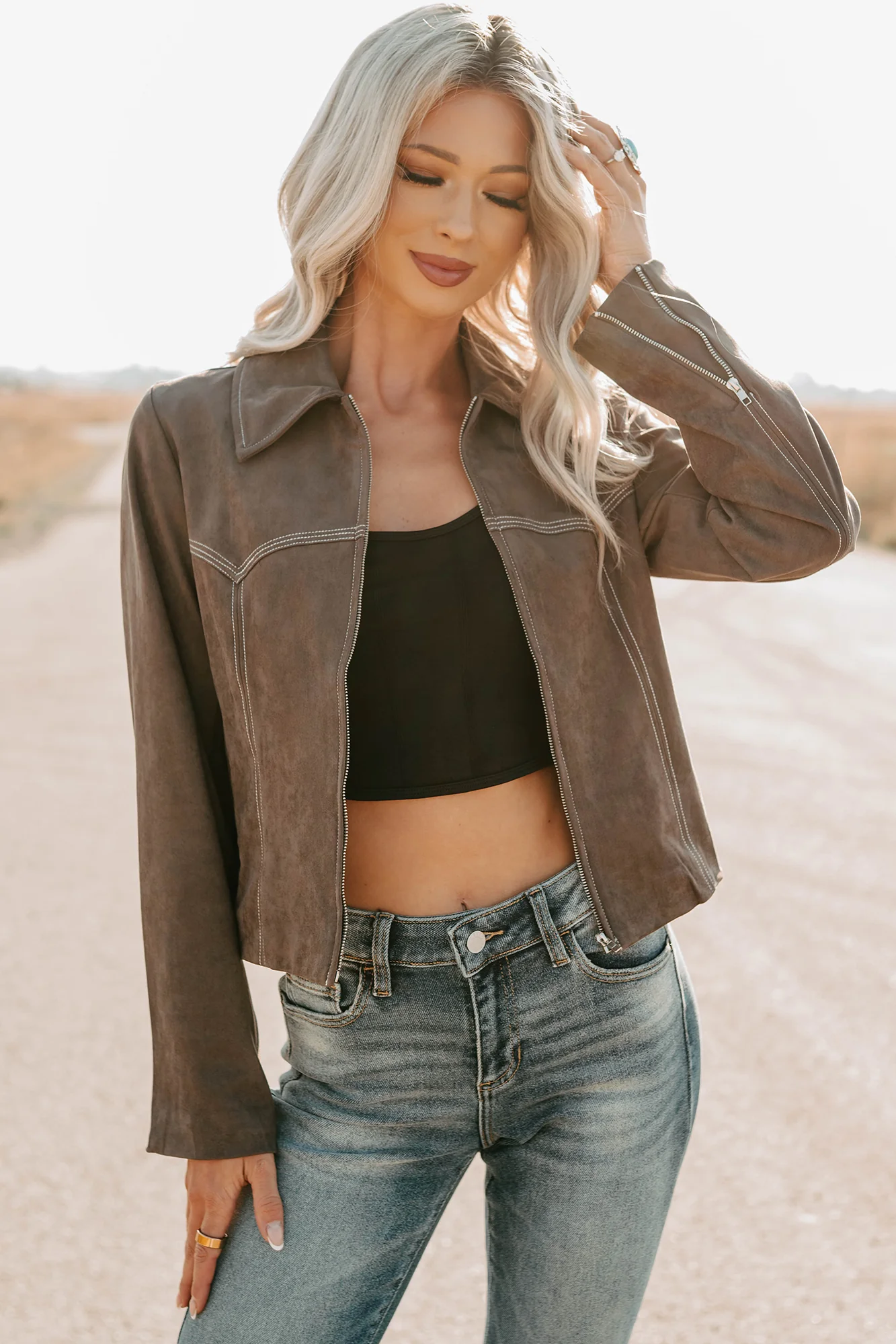 Exploring More Faux Suede Zip-Up Jacket (Charcoal) - Image 8