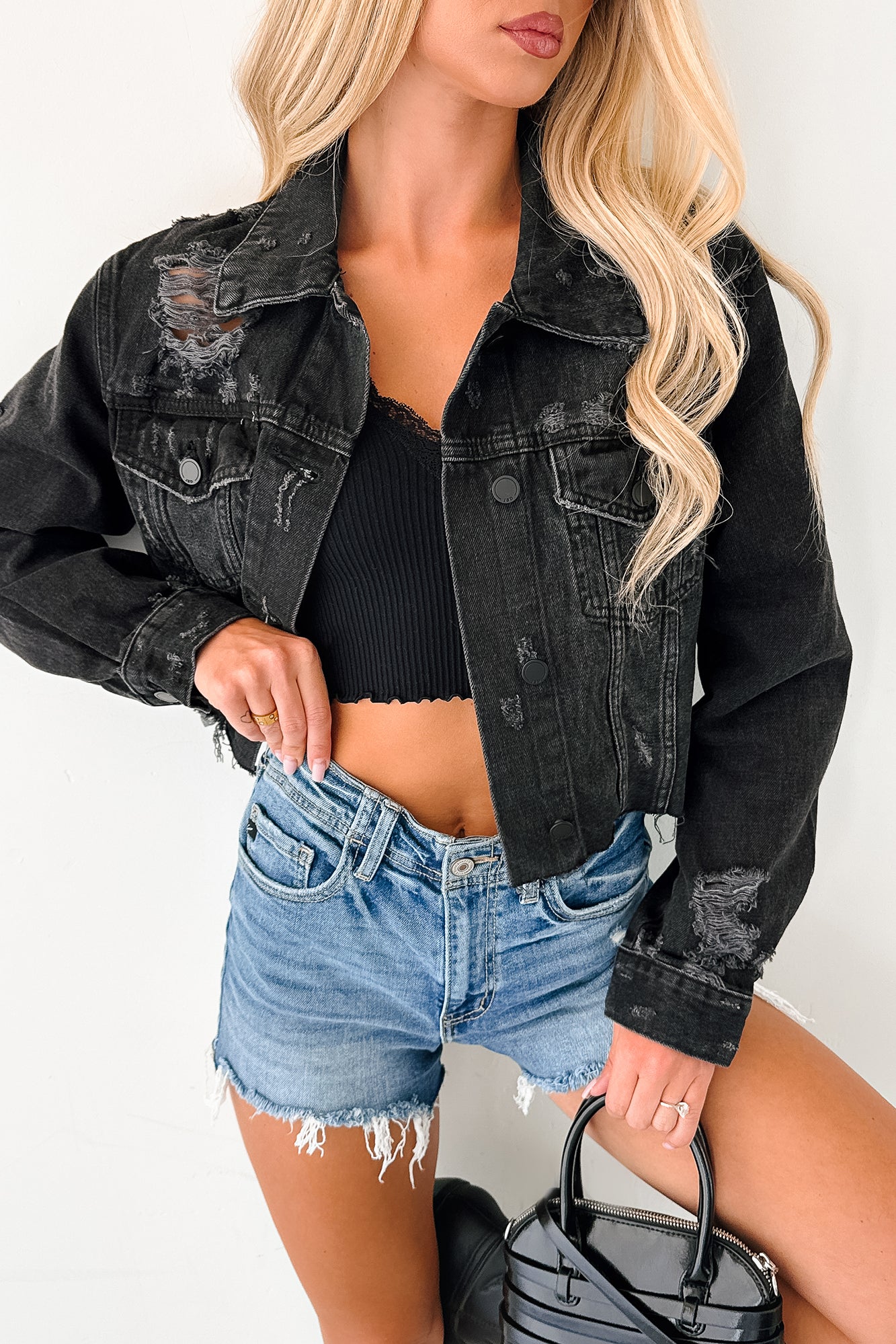 Fade Into You Distressed Denim Jacket (Washed Black) - Image 7