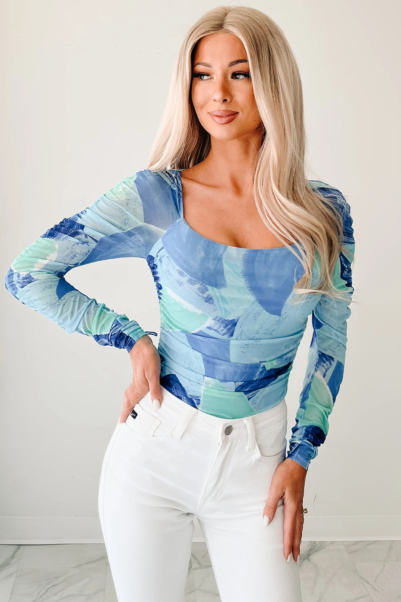 Faint Freshness Abstract Mesh Long Sleeve Bodysuit (Blue) - Image 6