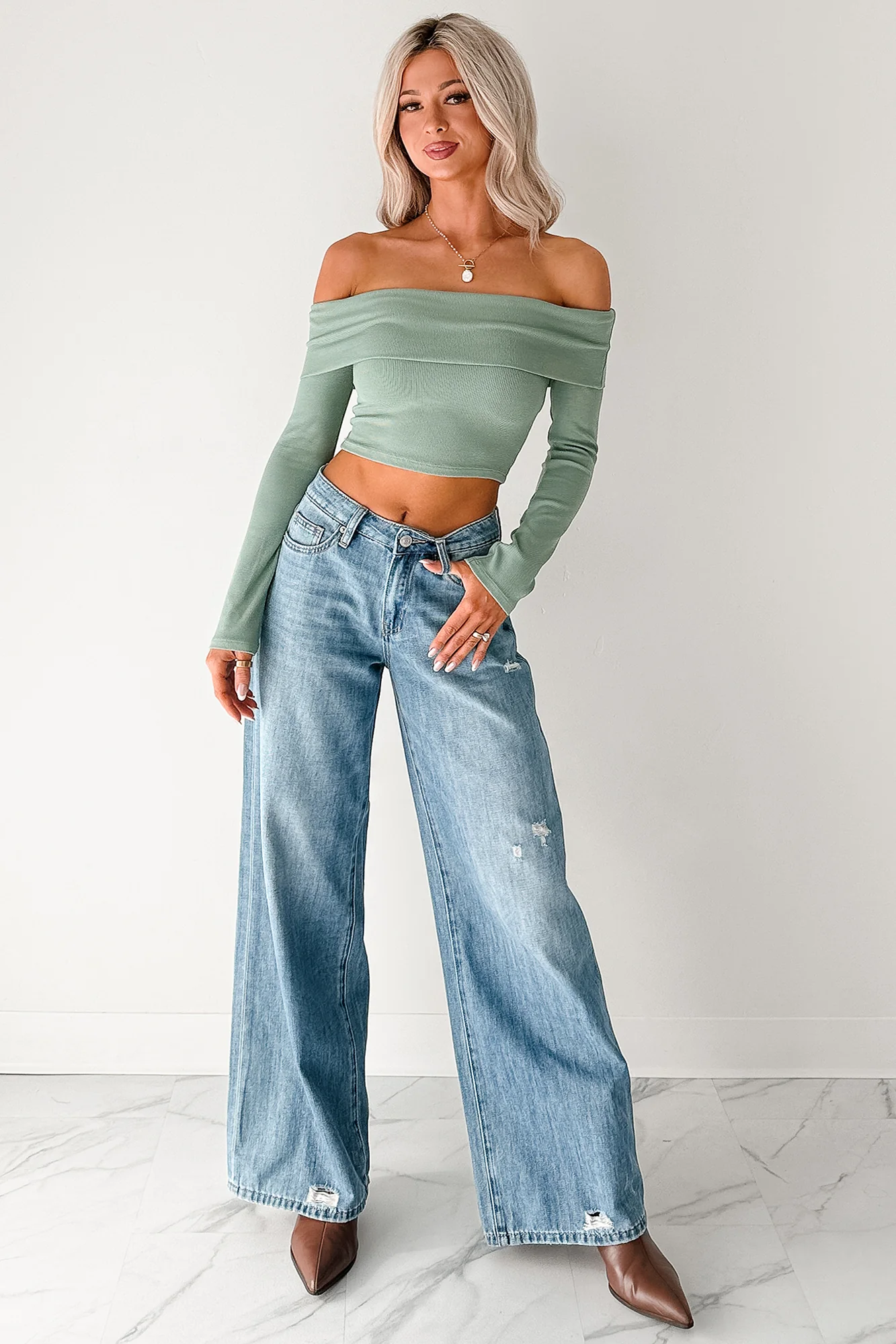 Fall Into Me Off The Shoulder Crop Top (Basil) - Image 2