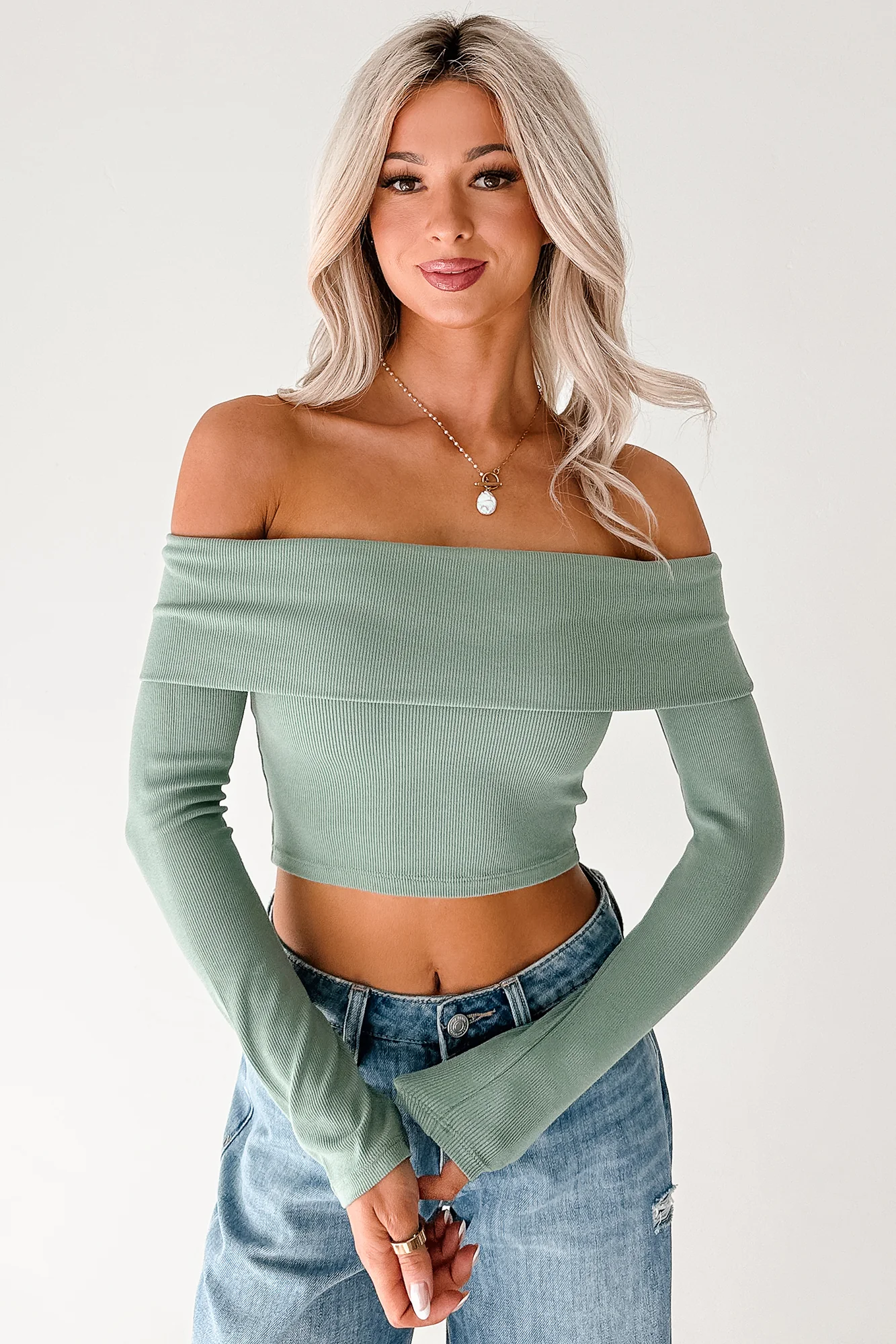 Fall Into Me Off The Shoulder Crop Top (Basil) - Image 3