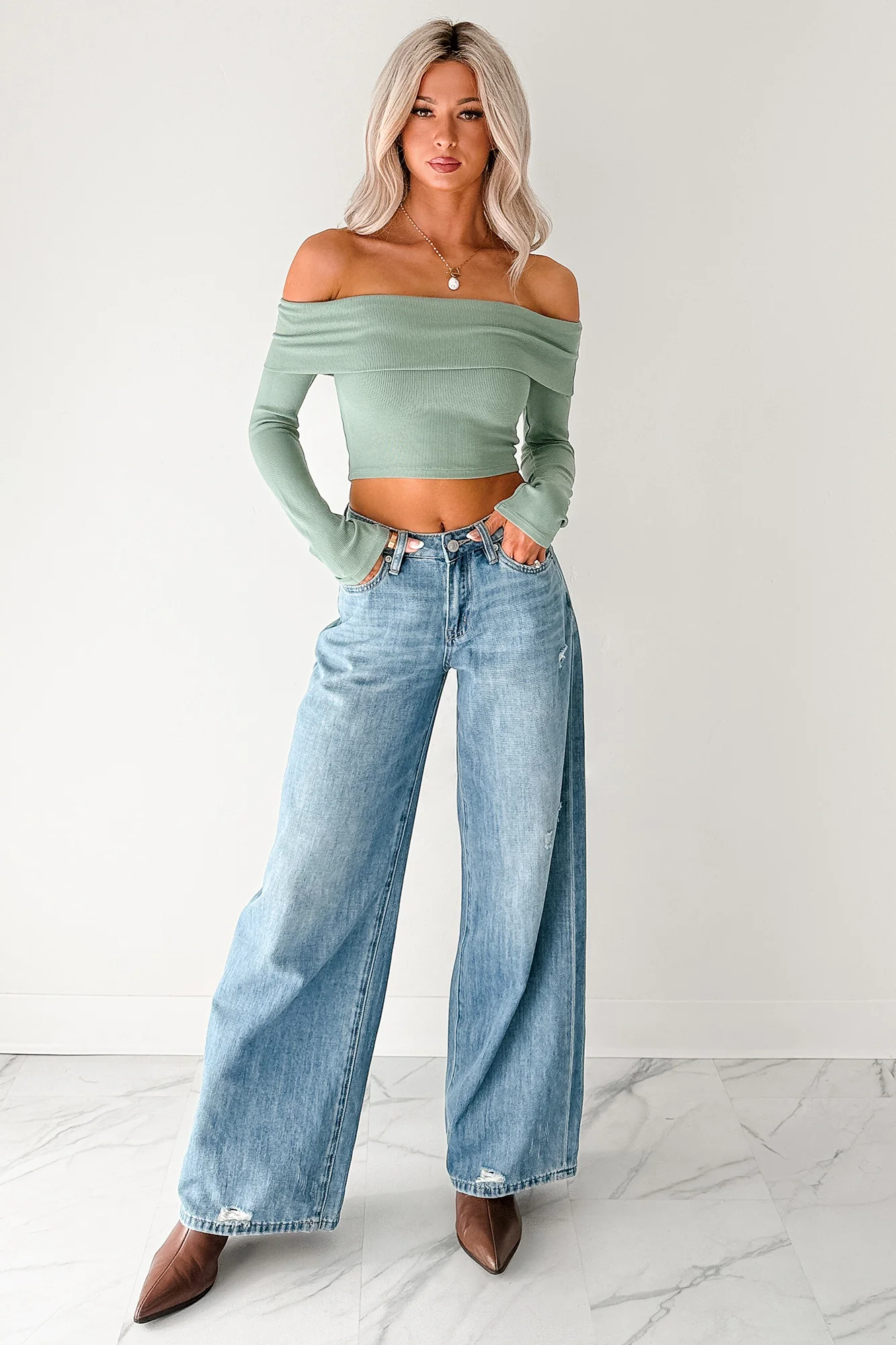 Fall Into Me Off The Shoulder Crop Top (Basil) - Image 5