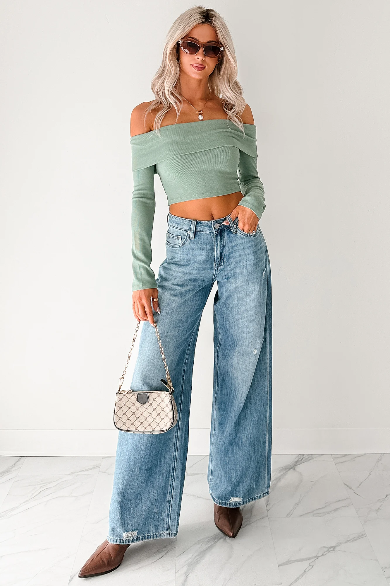 Fall Into Me Off The Shoulder Crop Top (Basil) - Image 7