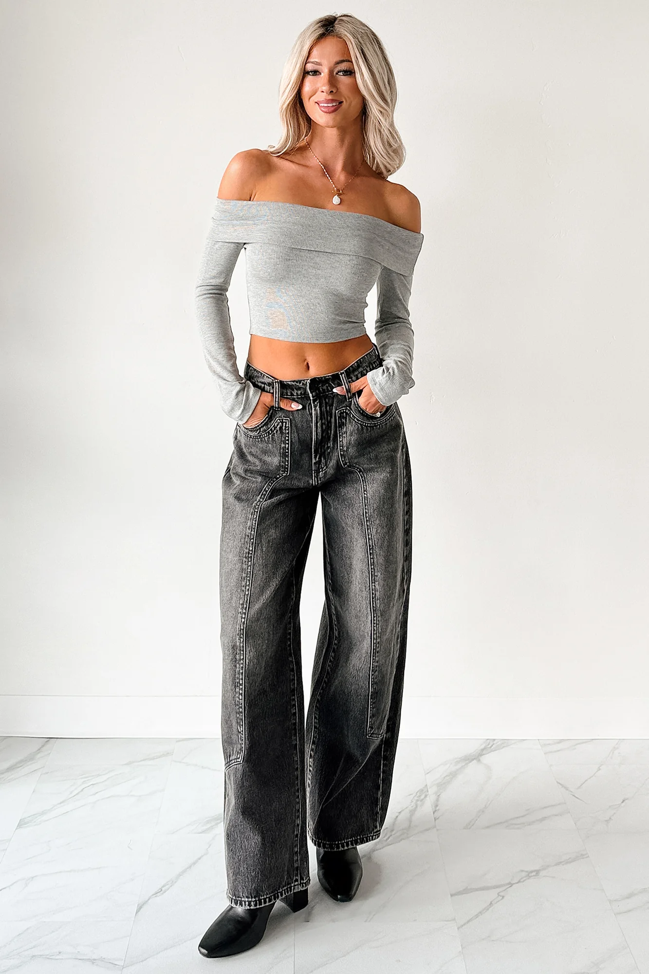 Fall Into Me Off The Shoulder Crop Top (Heather Grey) - Image 2