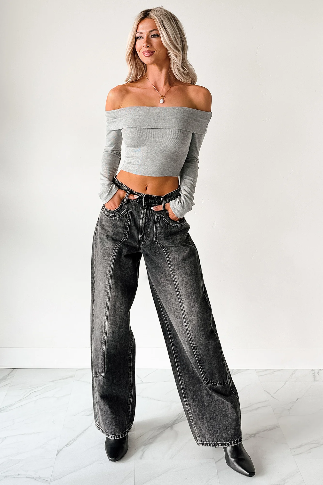 Fall Into Me Off The Shoulder Crop Top (Heather Grey) - Image 5