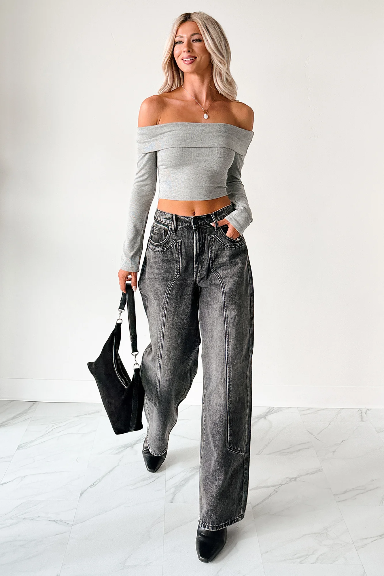 Fall Into Me Off The Shoulder Crop Top (Heather Grey) - Image 6