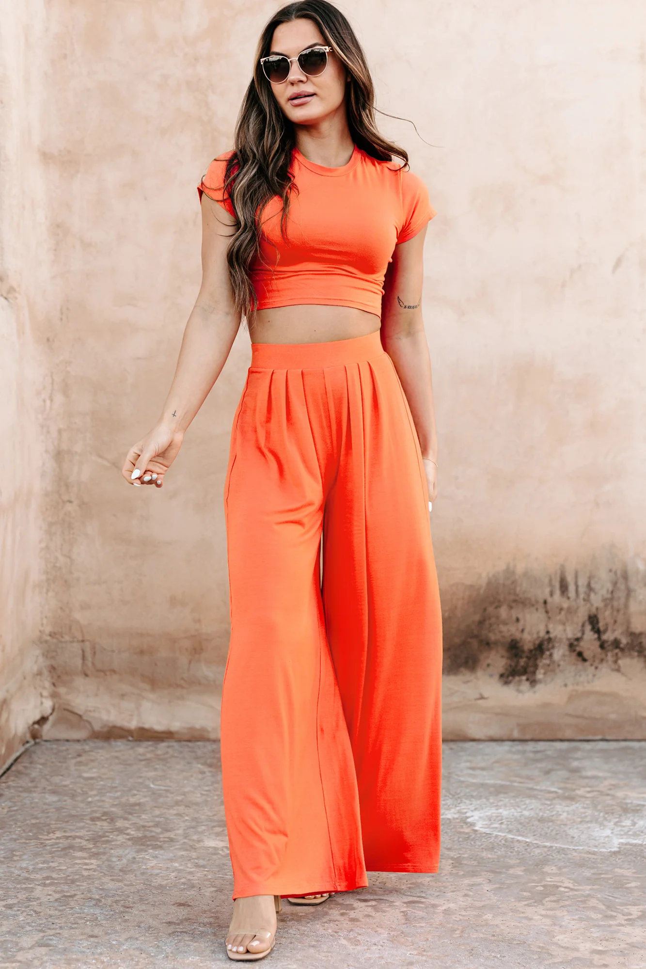 Fashionable Finesse Crop Top & Palazzo Pant Set (Neon Orange) - Image 5