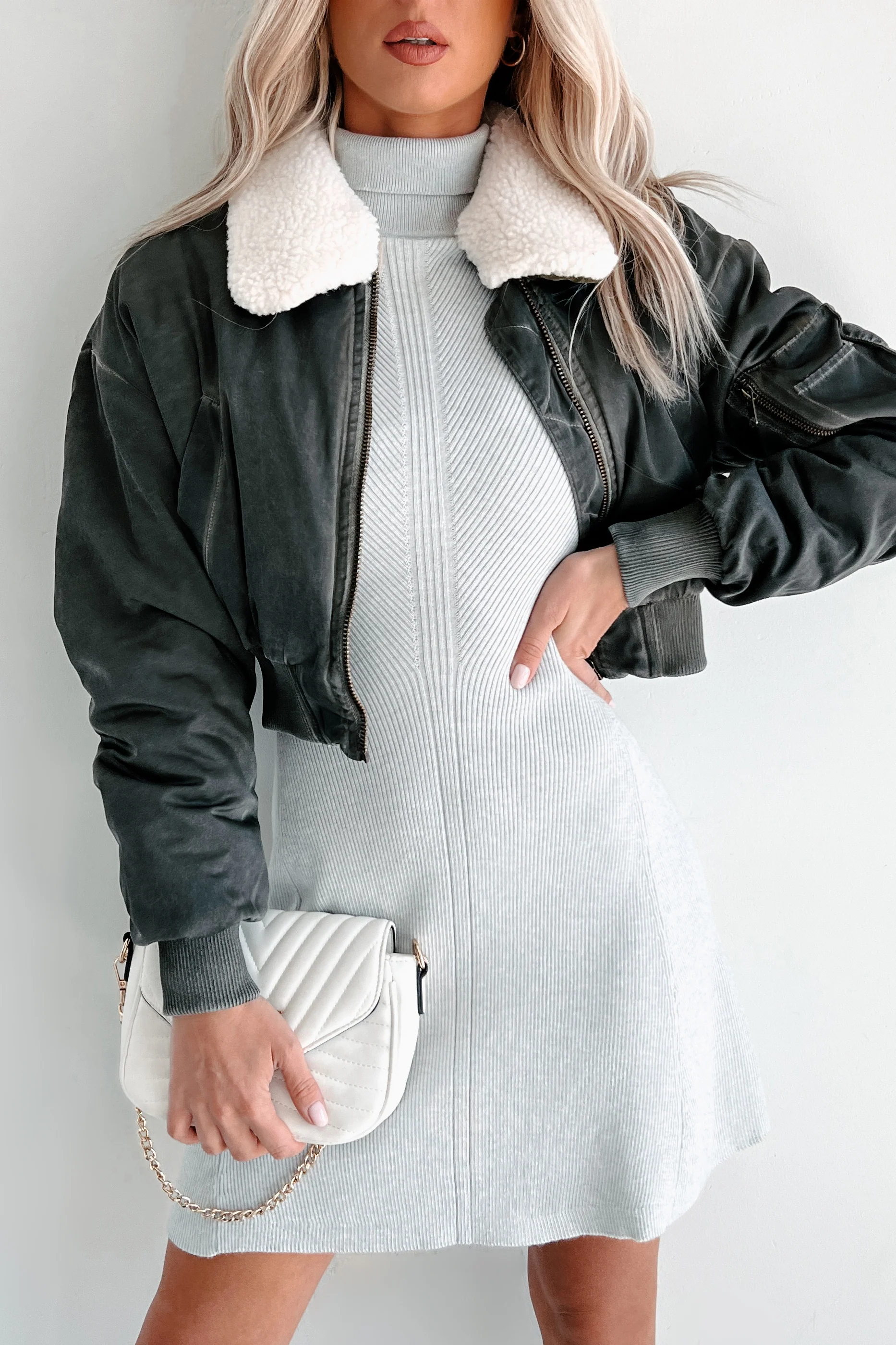 Fashionable Flight Path Aviator Crop Jacket (Dark Grey) - Image 12