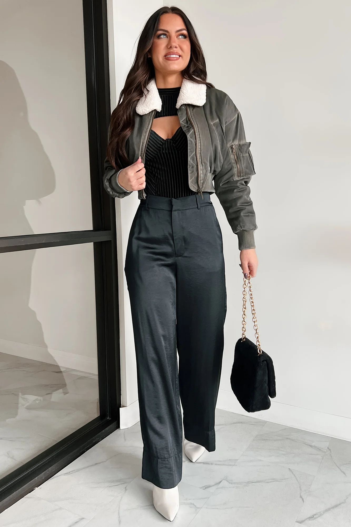 Fashionable Flight Path Aviator Crop Jacket (Dark Grey) - Image 3