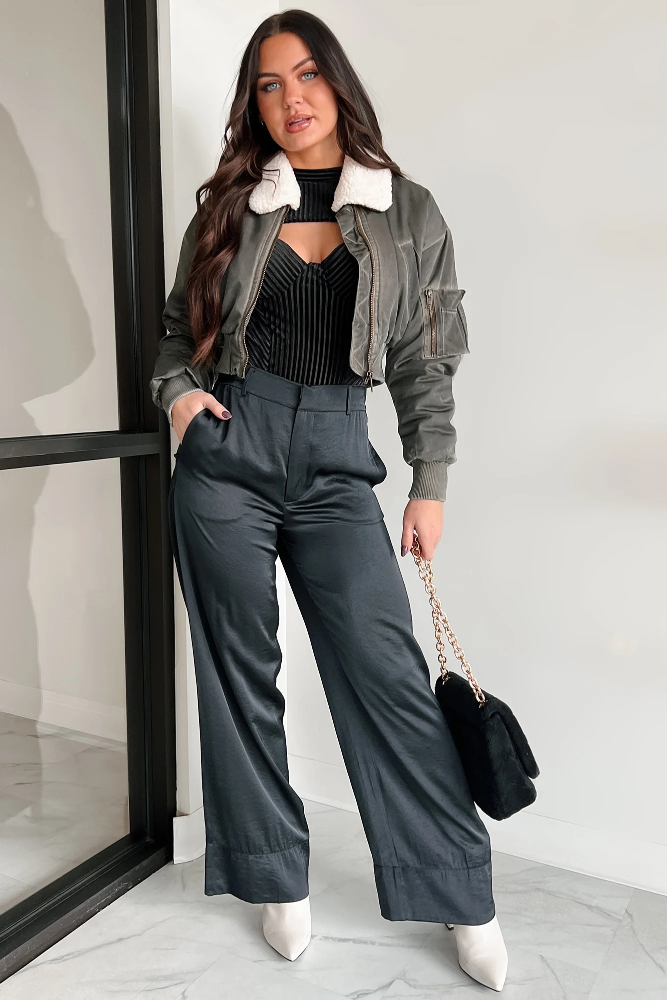 Fashionable Flight Path Aviator Crop Jacket (Dark Grey) - Image 4