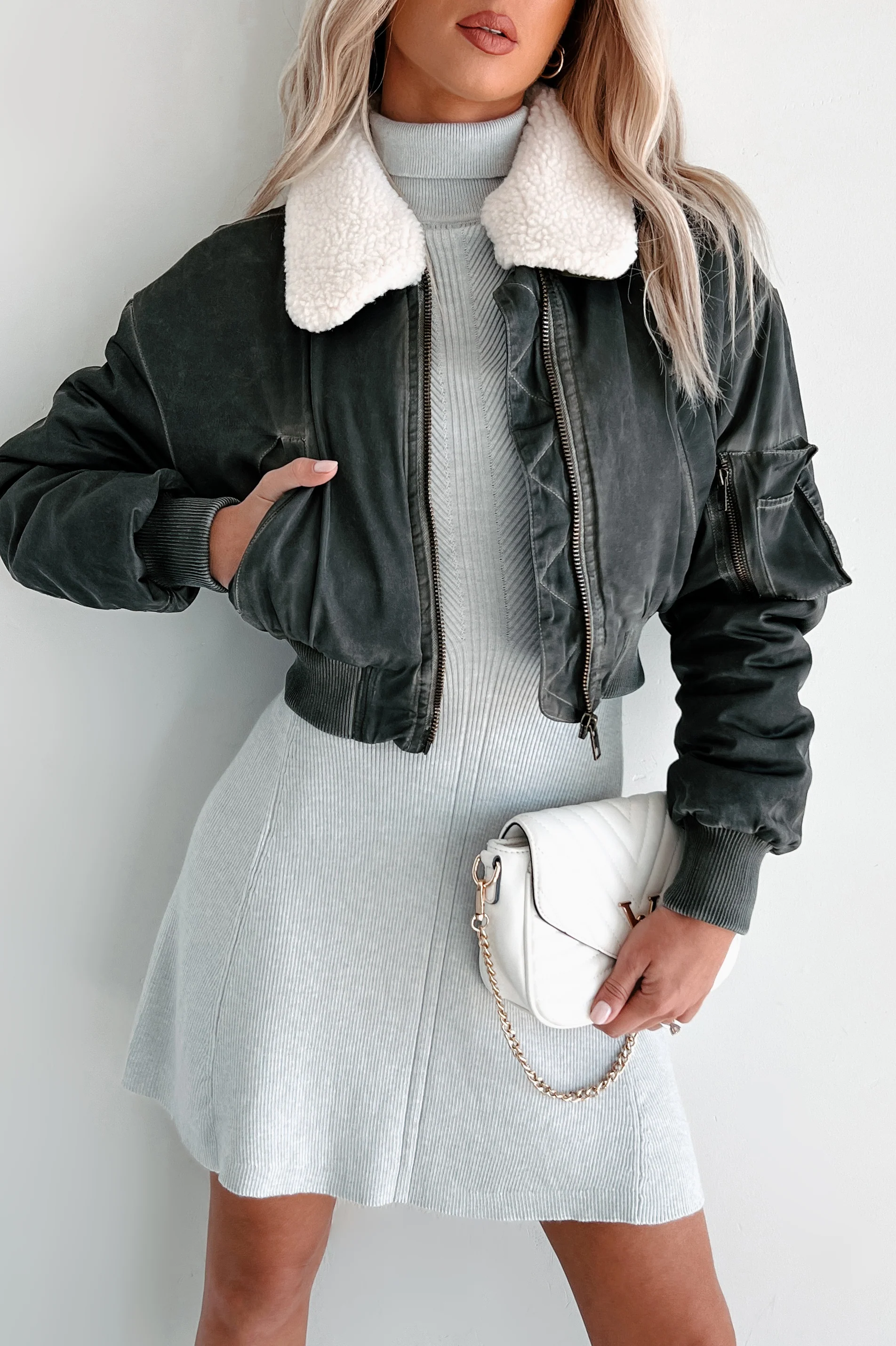 Fashionable Flight Path Aviator Crop Jacket (Dark Grey) - Image 6