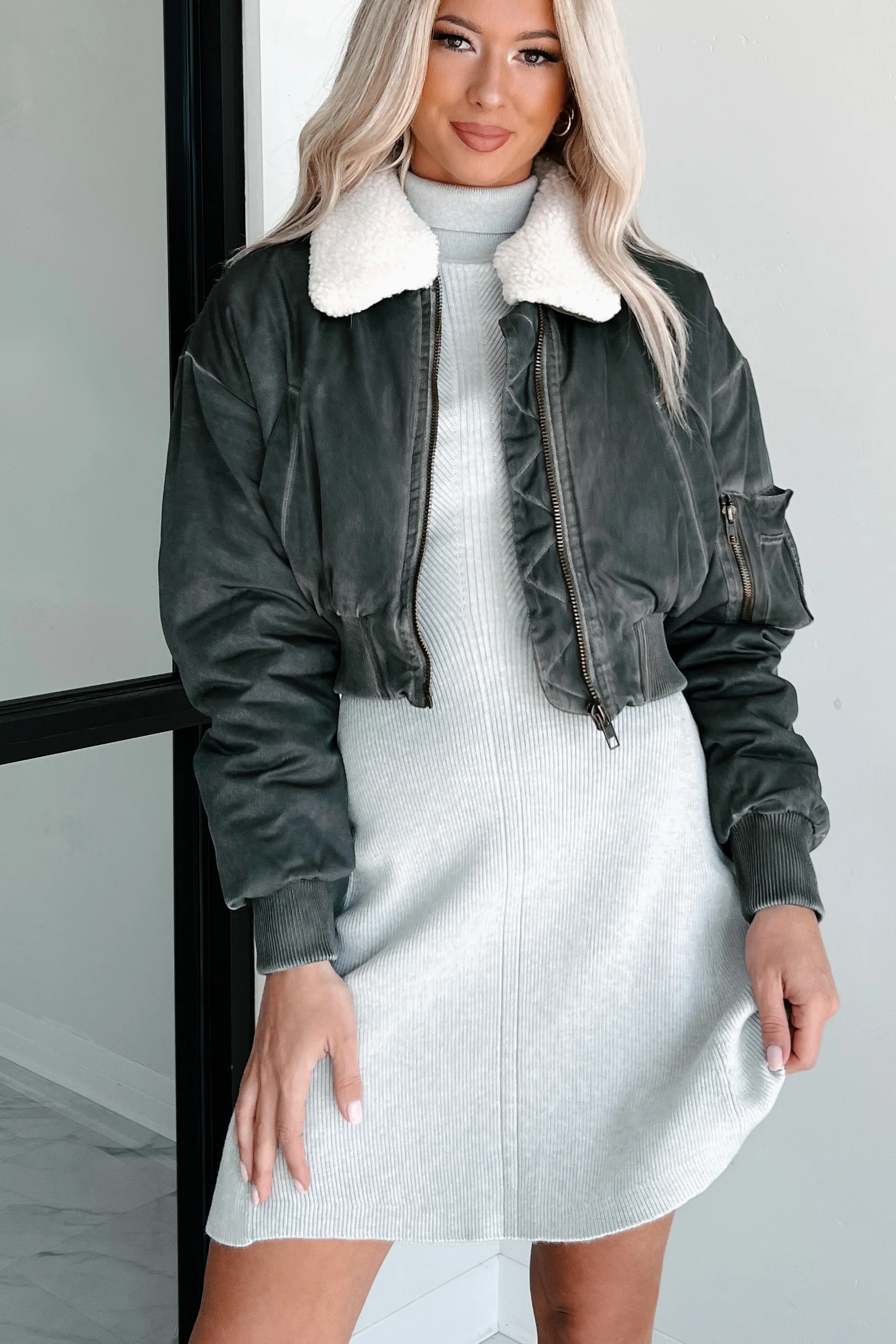 Fashionable Flight Path Aviator Crop Jacket (Dark Grey) - Image 8