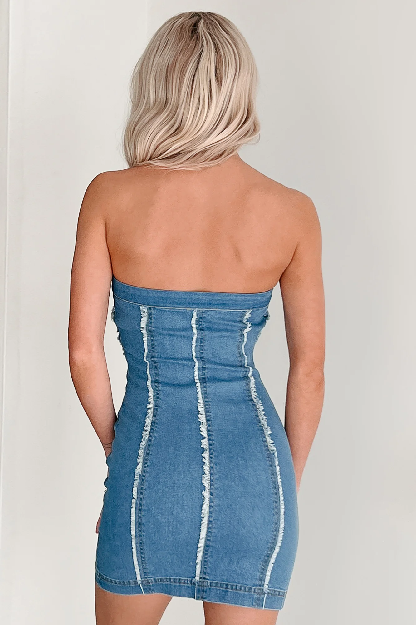 Fear Is A Stranger Button Front Strapless Mini Dress (Denim) - Image 4
