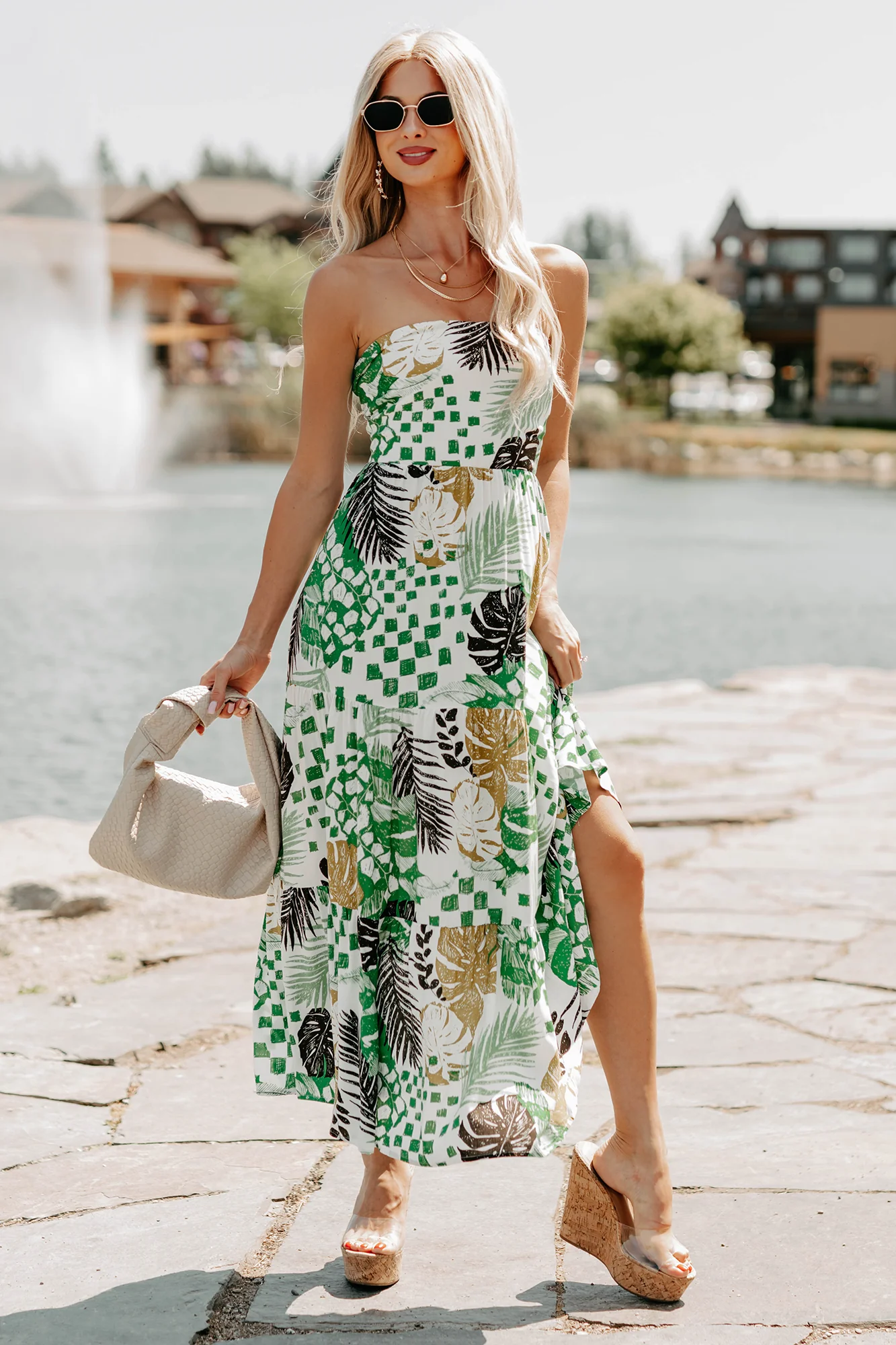 Feel It First Strapless Leaf Print Maxi Dress (Ivory/Green) - Image 5