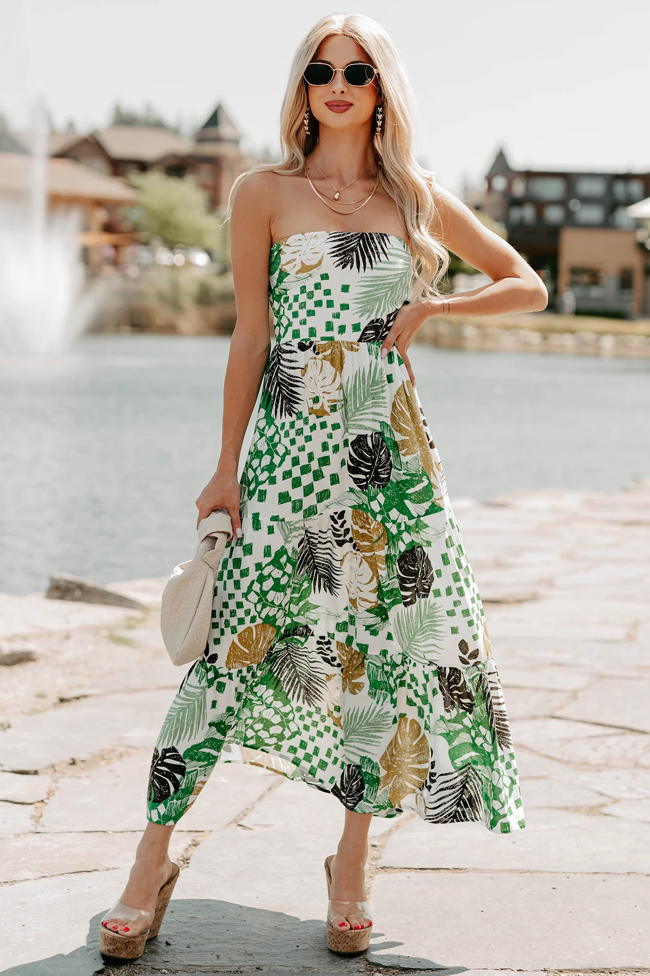 Feel It First Strapless Leaf Print Maxi Dress (Ivory/Green) - Image 6