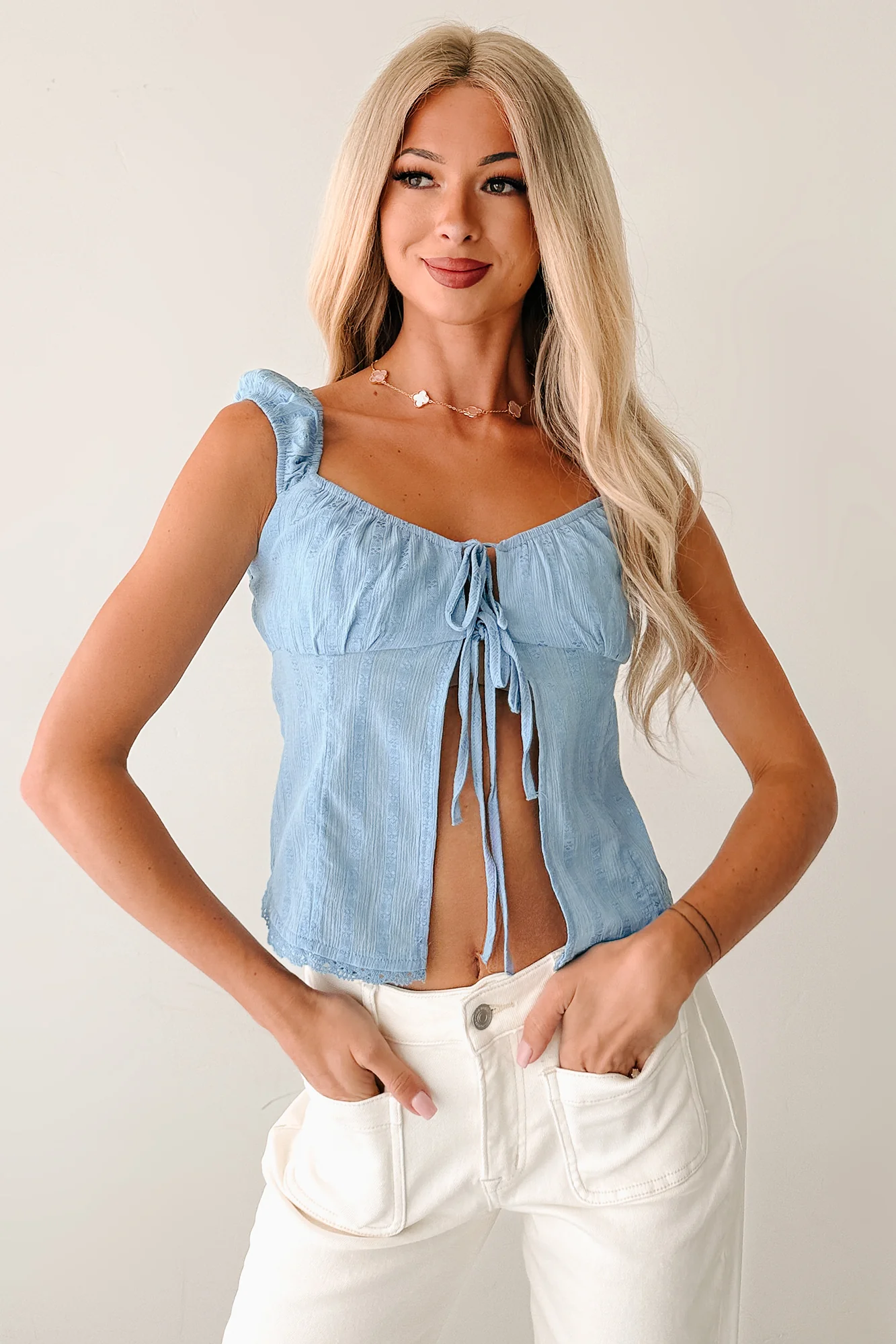Feel The Rush Floral Tie-Front Top (Light Blue) - Image 3
