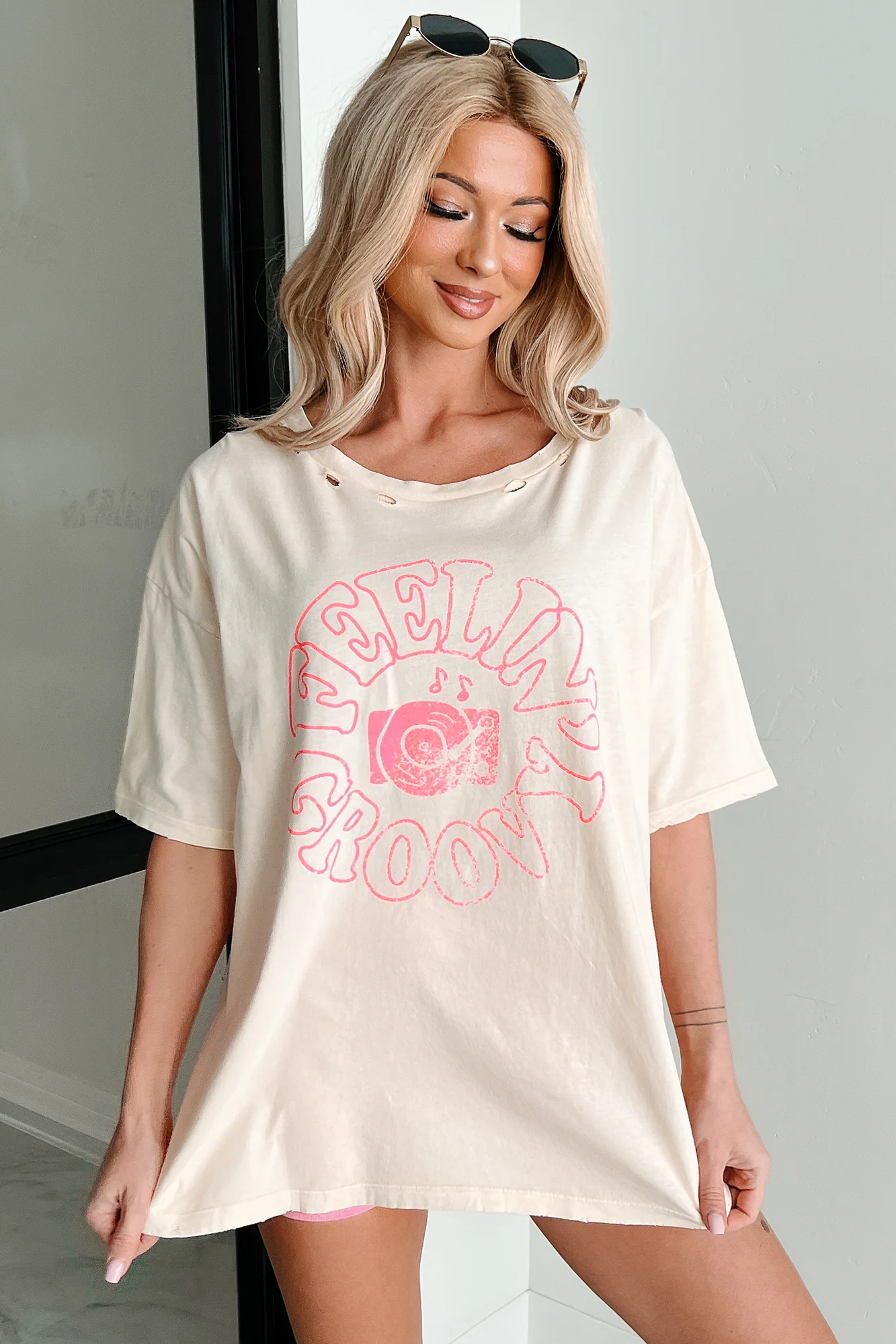 "Feelin' Groovy" Distressed Graphic T-Shirt (Vanilla) - Image 3