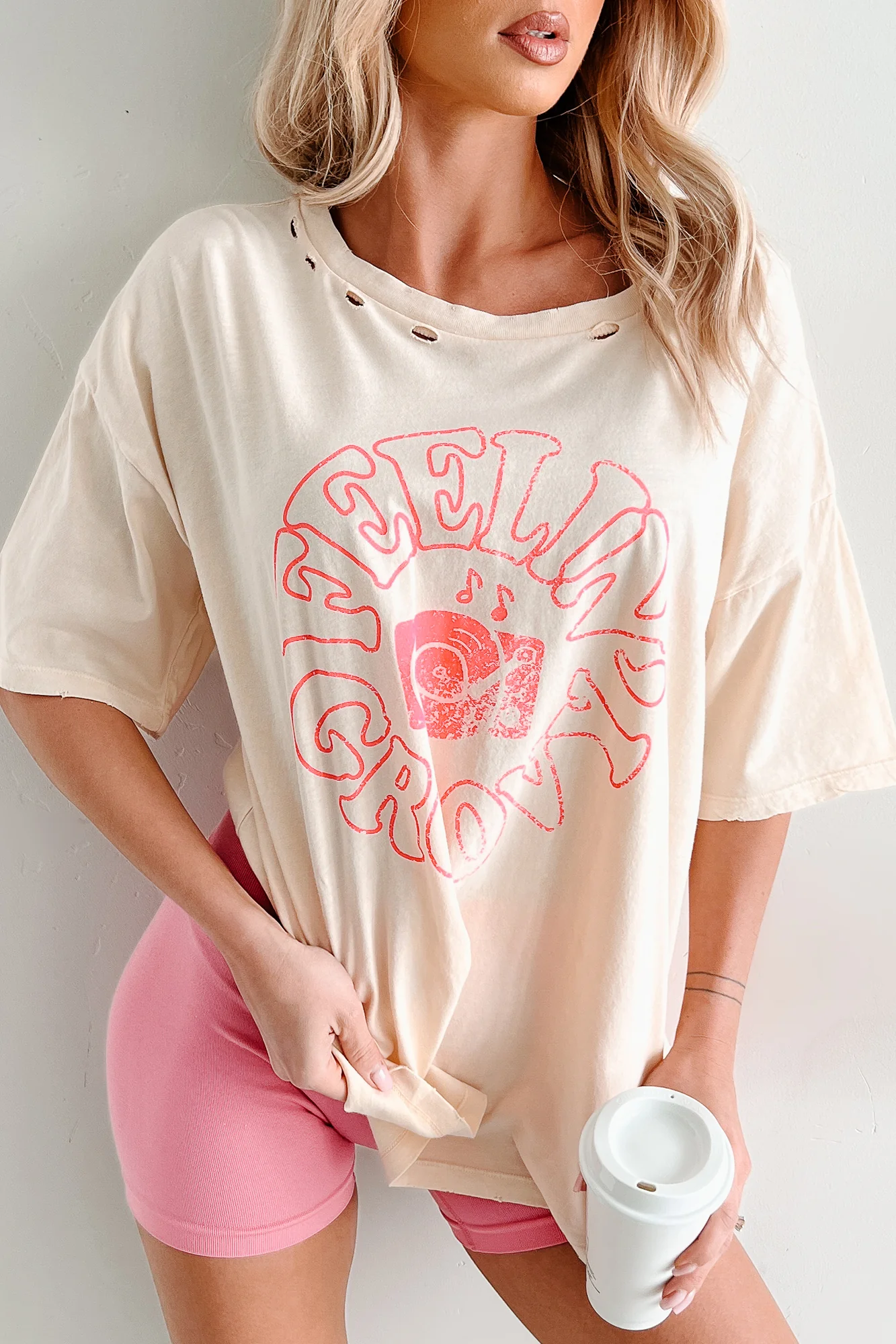 "Feelin' Groovy" Distressed Graphic T-Shirt (Vanilla) - Image 5