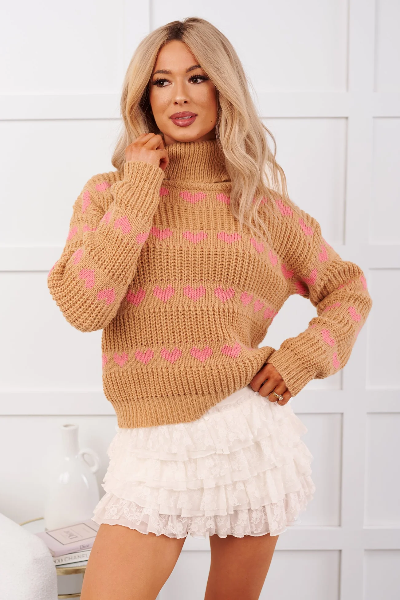 Feelin' Loving Heart Striped Turtleneck Sweater (Taupe/Pink) - Image 4