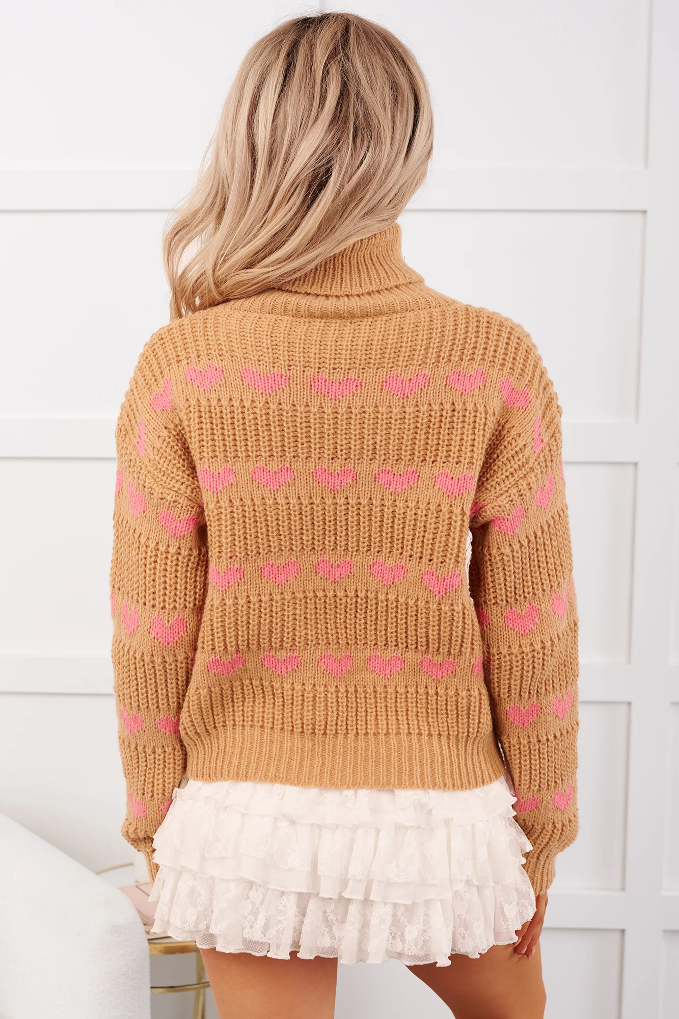 Feelin' Loving Heart Striped Turtleneck Sweater (Taupe/Pink) - Image 8