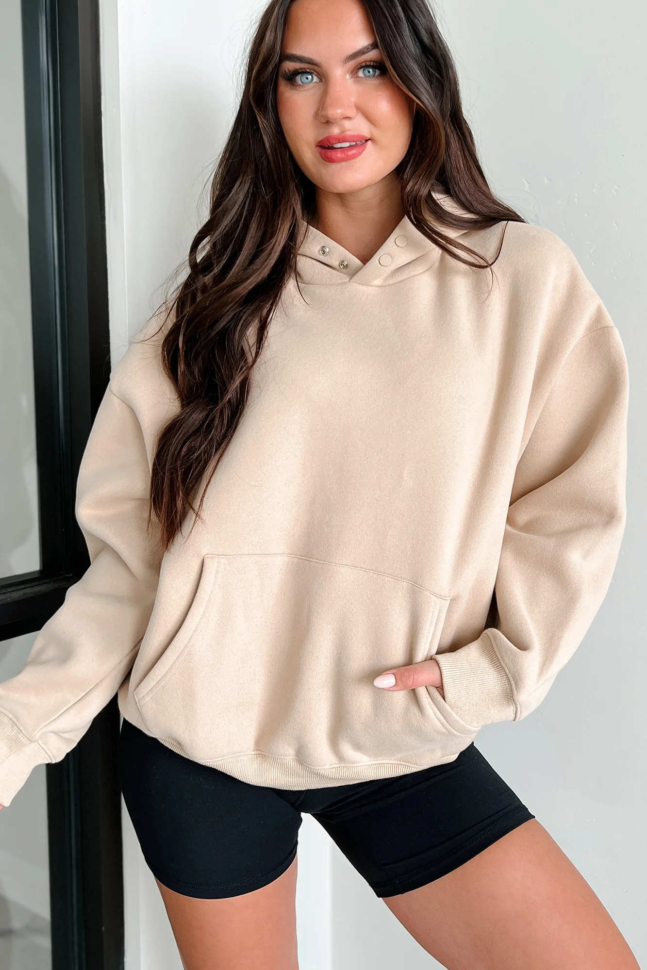 Feeling At Ease Snap-Button Hoodie (Taupe) - Image 2