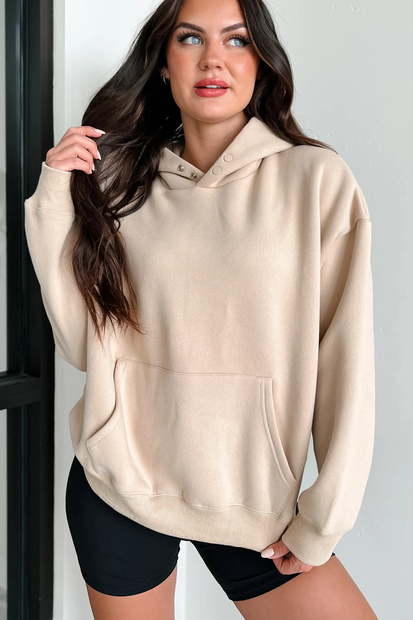 Feeling At Ease Snap-Button Hoodie (Taupe) - Image 4