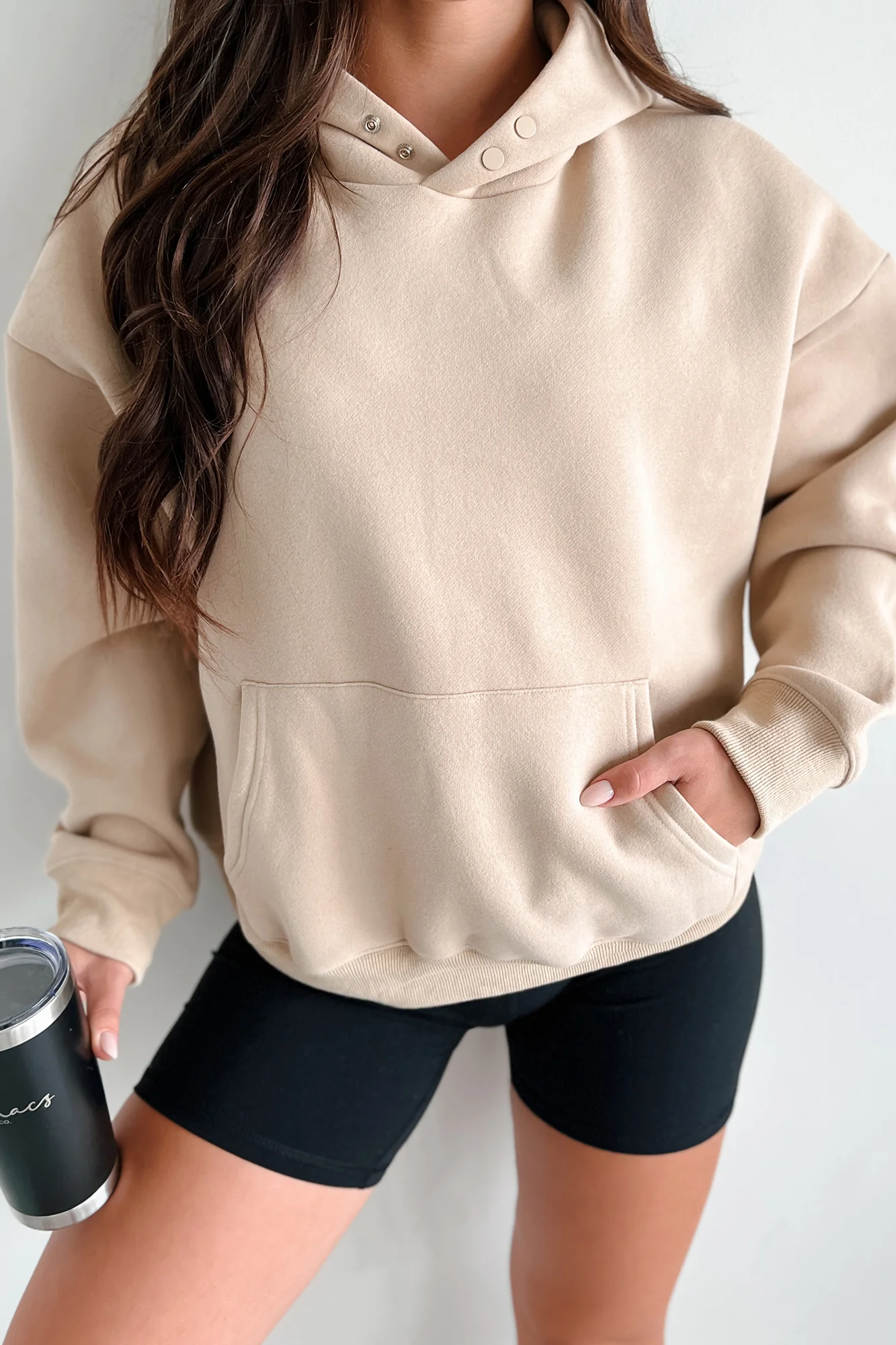 Feeling At Ease Snap-Button Hoodie (Taupe) - Image 6