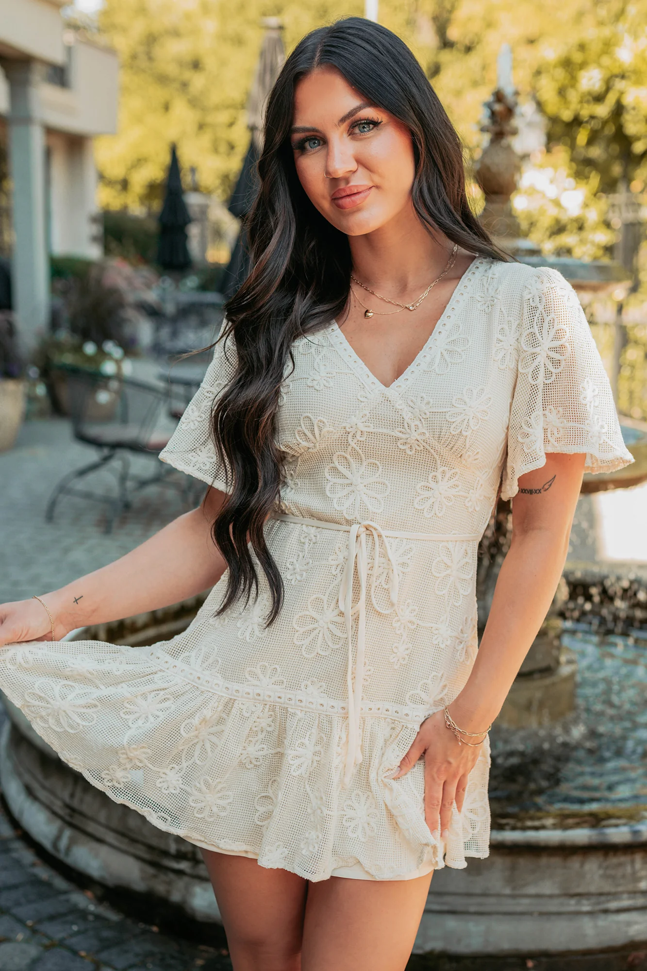 Feeling Charming V Neck Floral Mini Dress (Cream) - Image 6