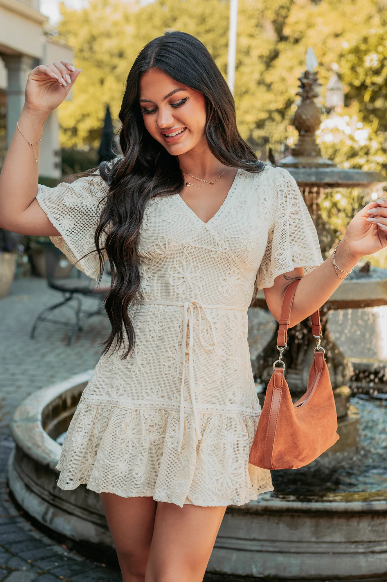 Feeling Charming V Neck Floral Mini Dress (Cream) - Image 9