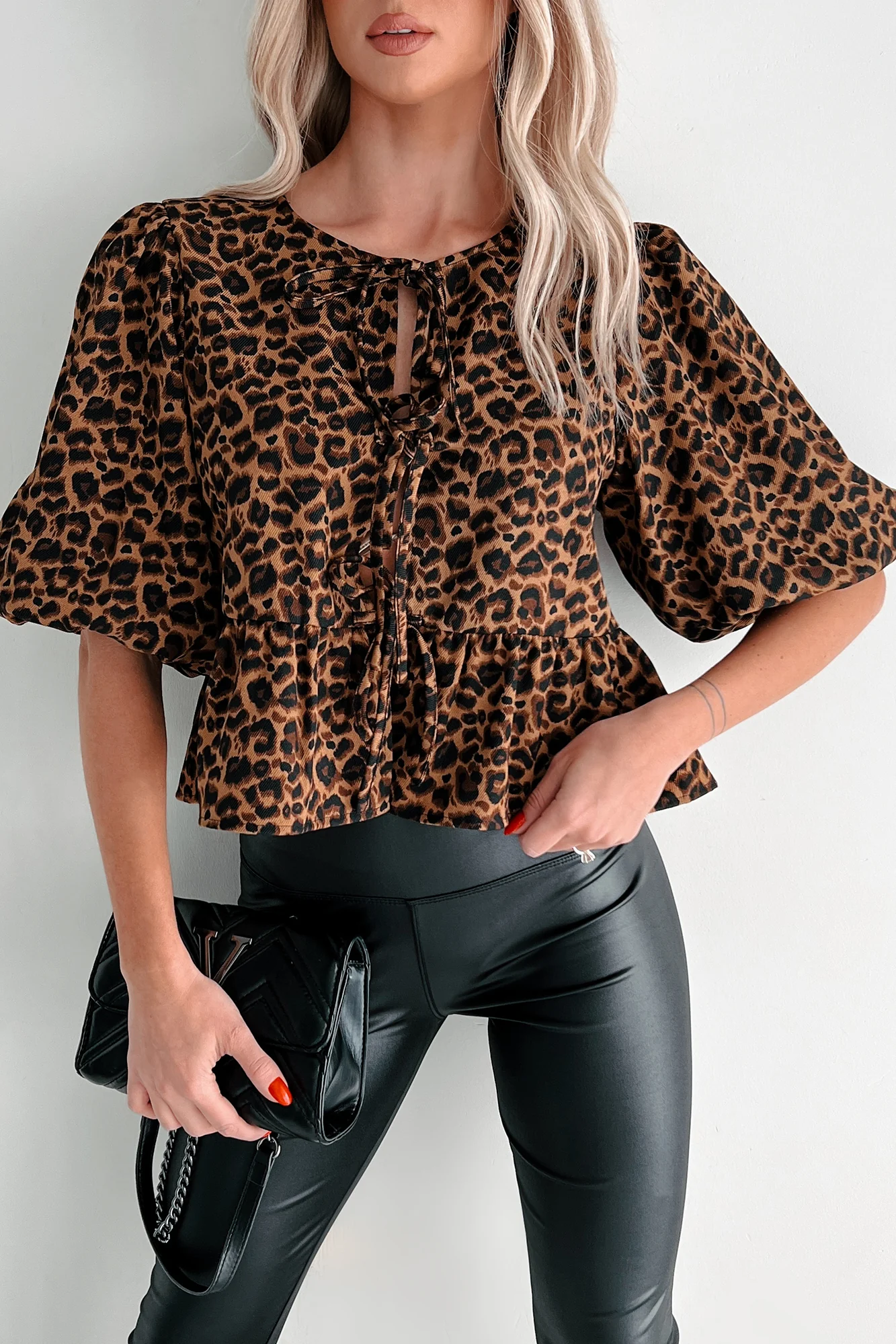 DOORBUSTER Feisty Fashion Front Tie Leopard Print Puff Top (Leopard) - Image 10