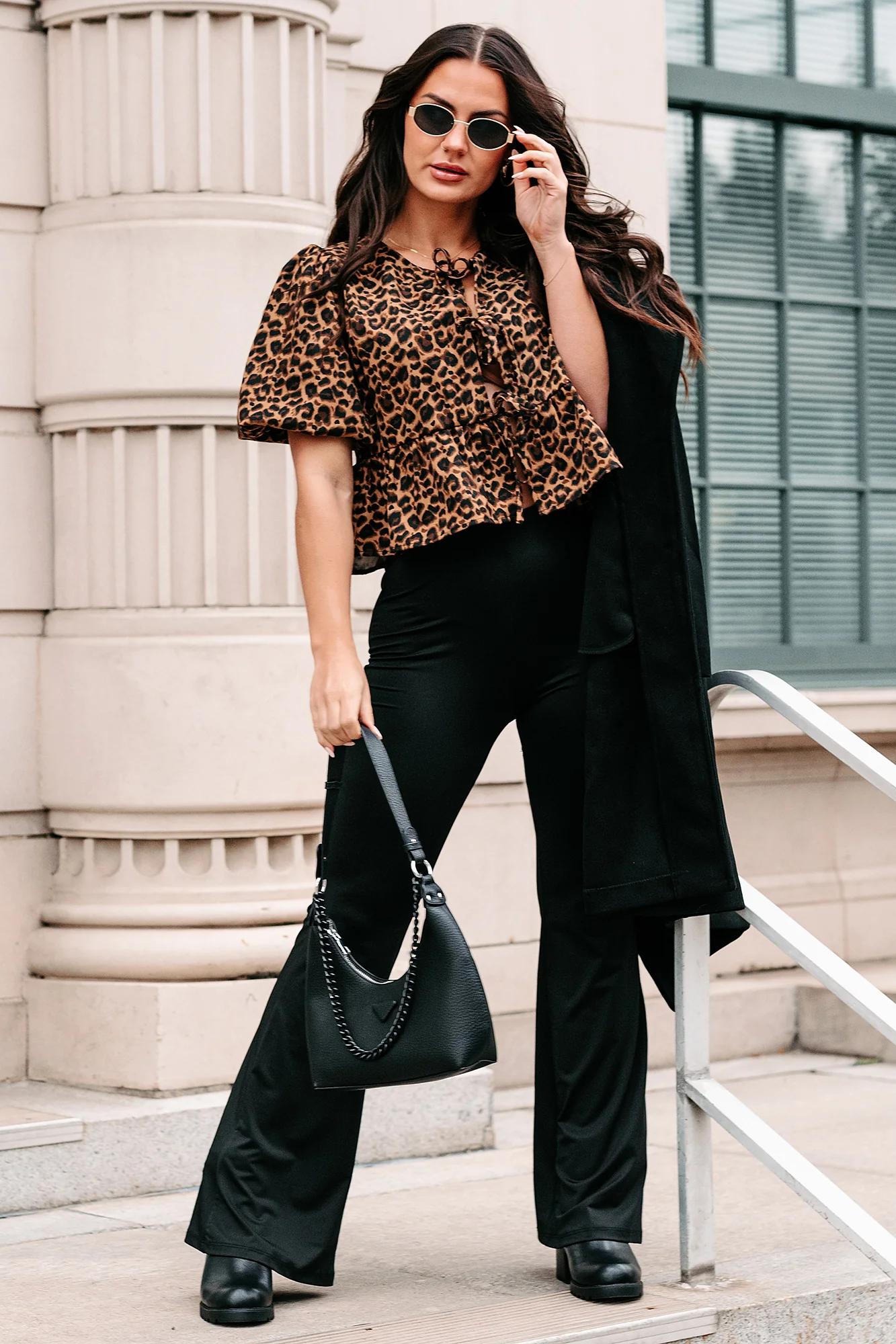 DOORBUSTER Feisty Fashion Front Tie Leopard Print Puff Top (Leopard) - Image 5