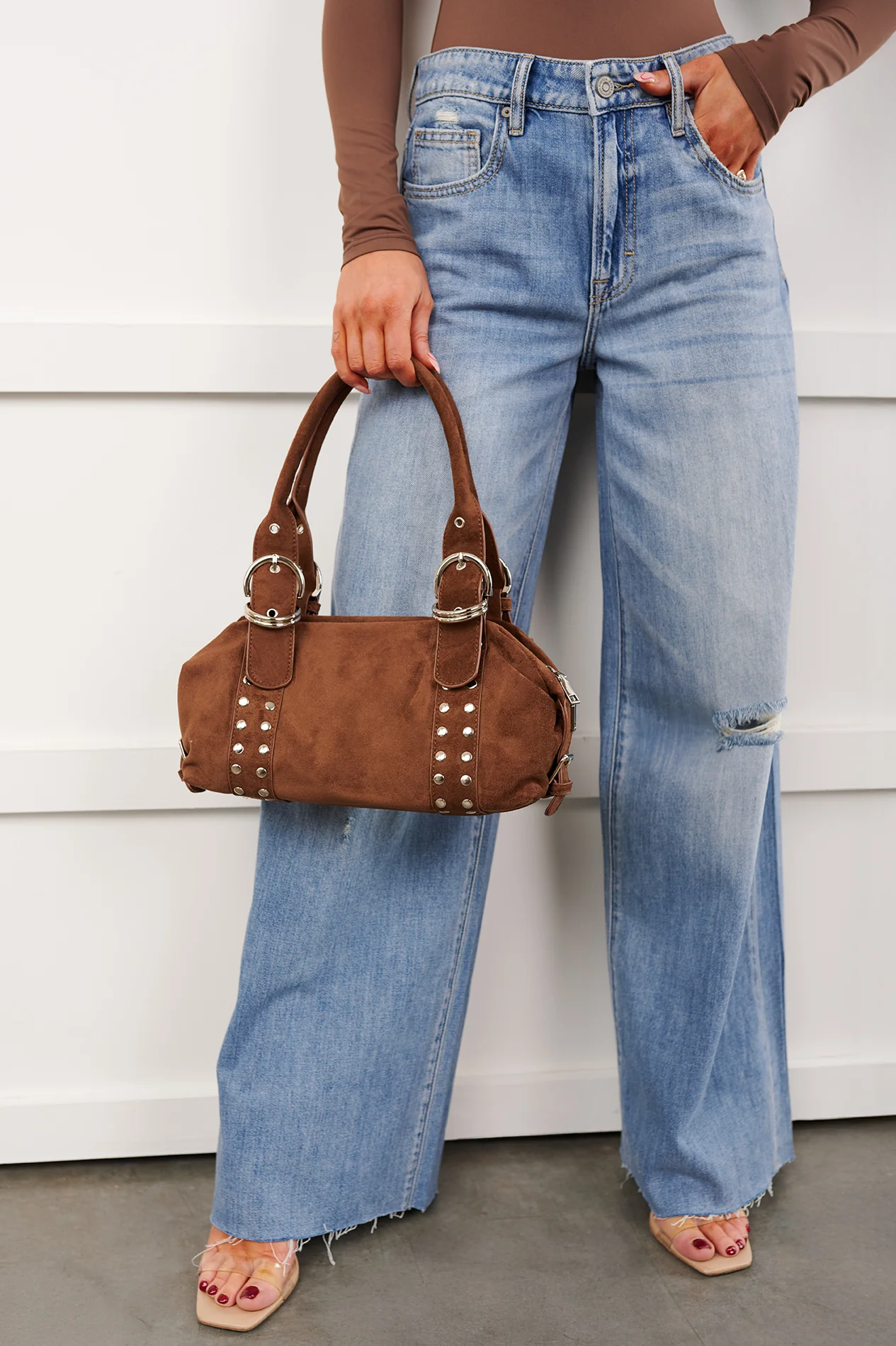Fierce Calm Studded Faux Suede Bag (Dark Brown) - Image 2
