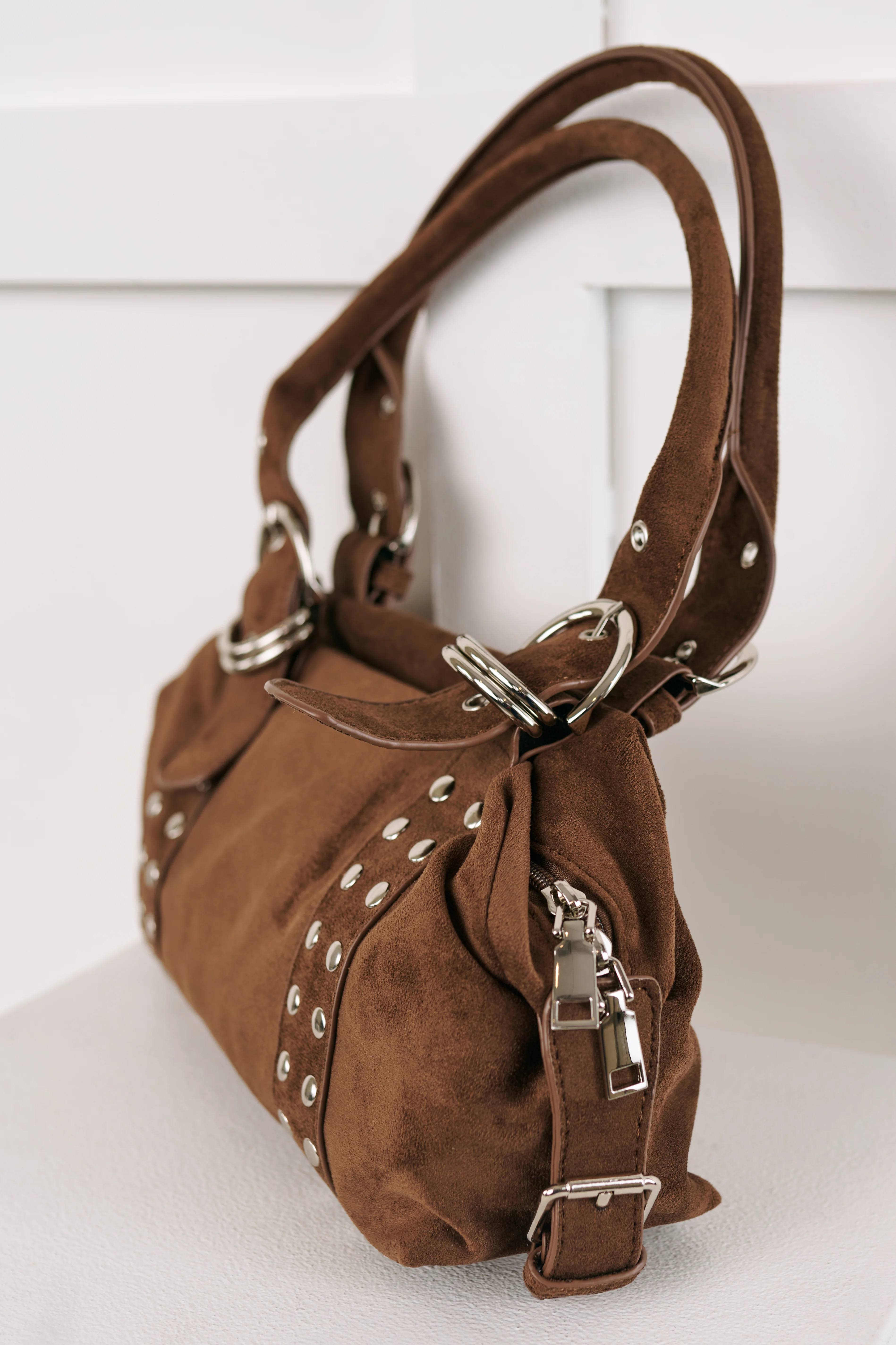 Fierce Calm Studded Faux Suede Bag (Dark Brown) - Image 4