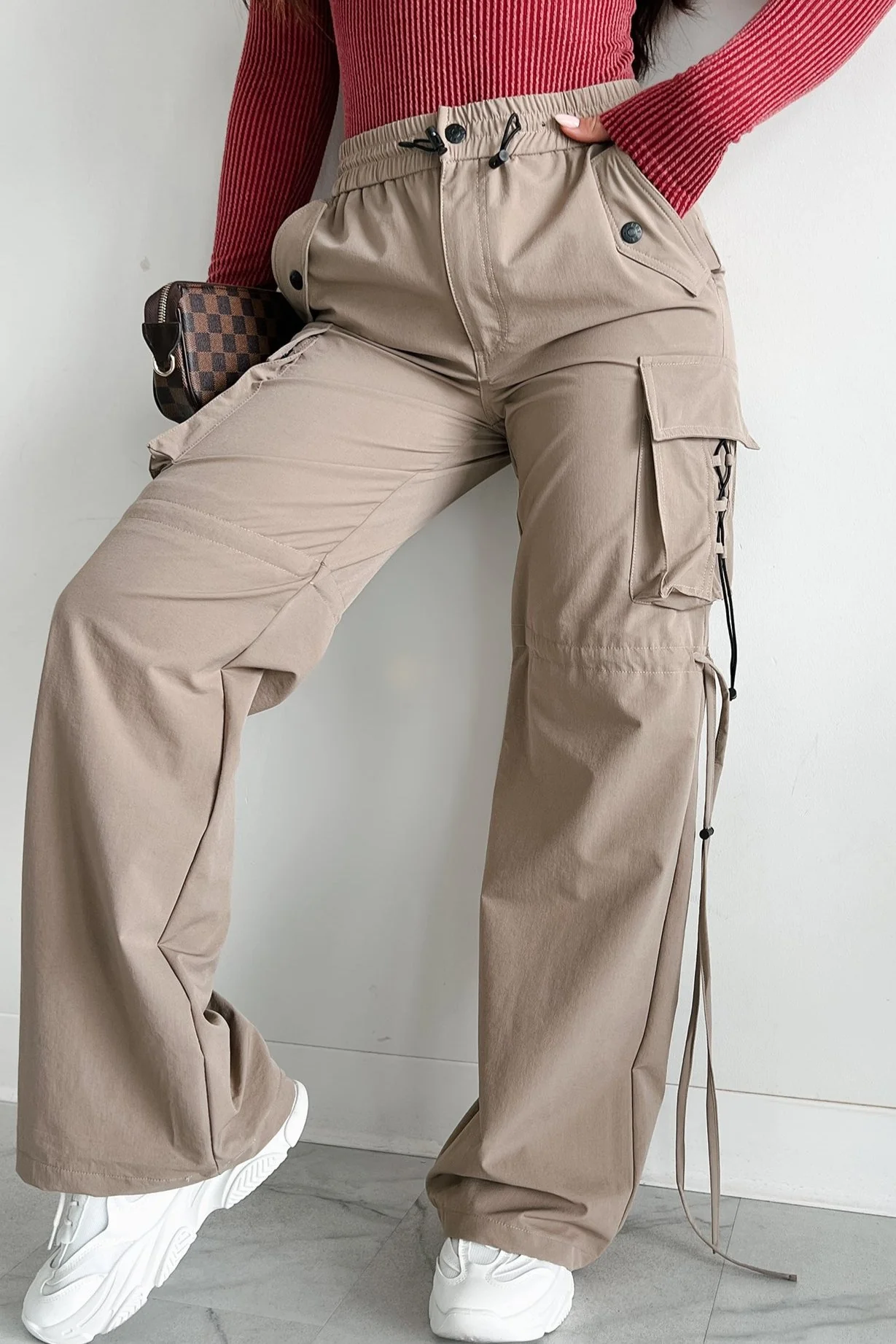 Finding My Way Wide Leg Cargo Drawstring Pants (Khaki) - Image 2