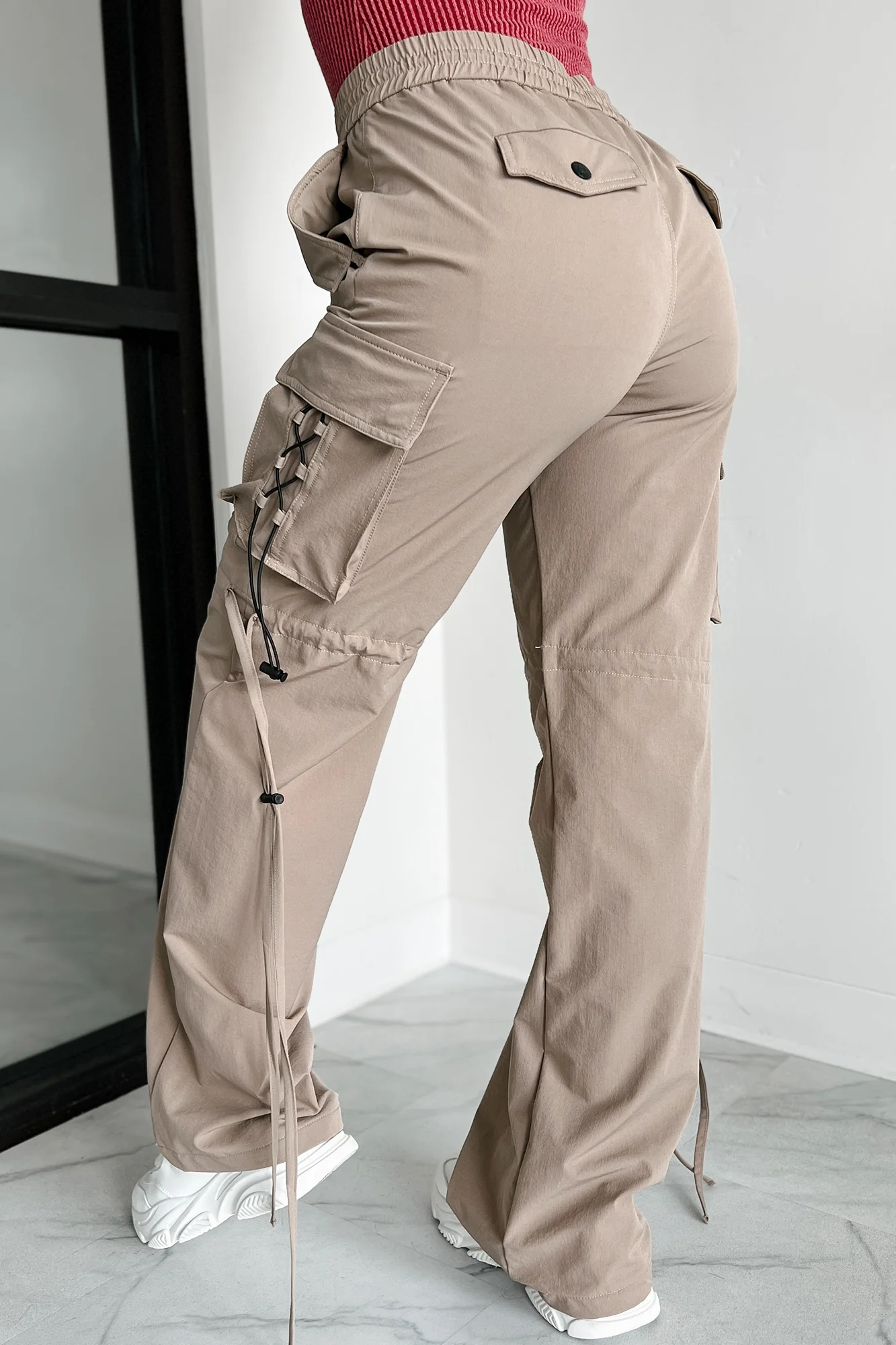 Finding My Way Wide Leg Cargo Drawstring Pants (Khaki) - Image 5
