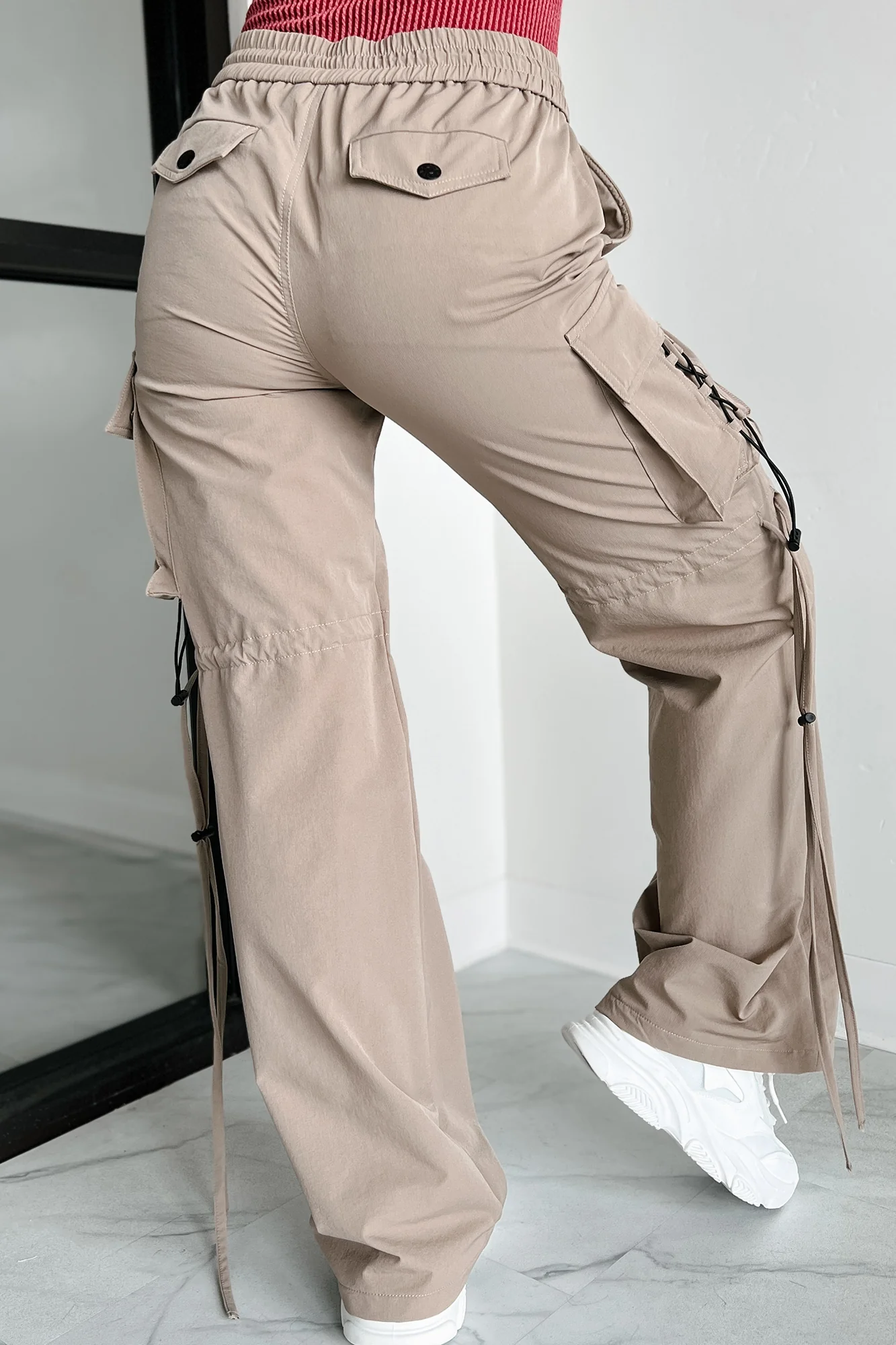 Finding My Way Wide Leg Cargo Drawstring Pants (Khaki) - Image 6