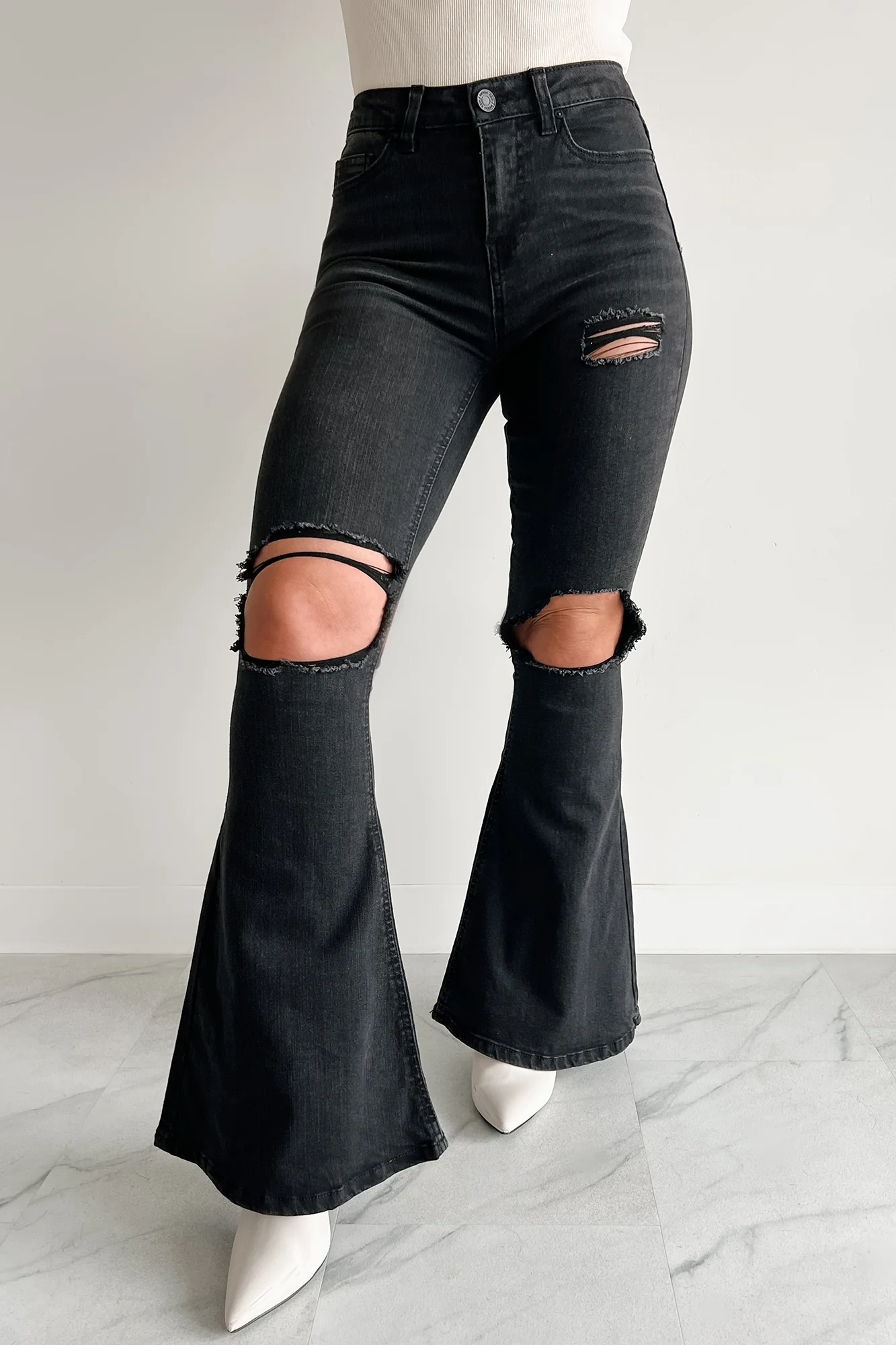 Finnick High Rise Distressed Indigo Reign Flare Jeans (Black) - Image 4