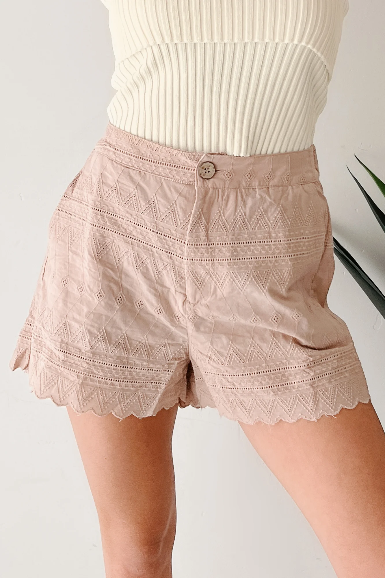 Fireside Vibes High Rise Woven Eyelet Shorts (Mocha) - Image 2