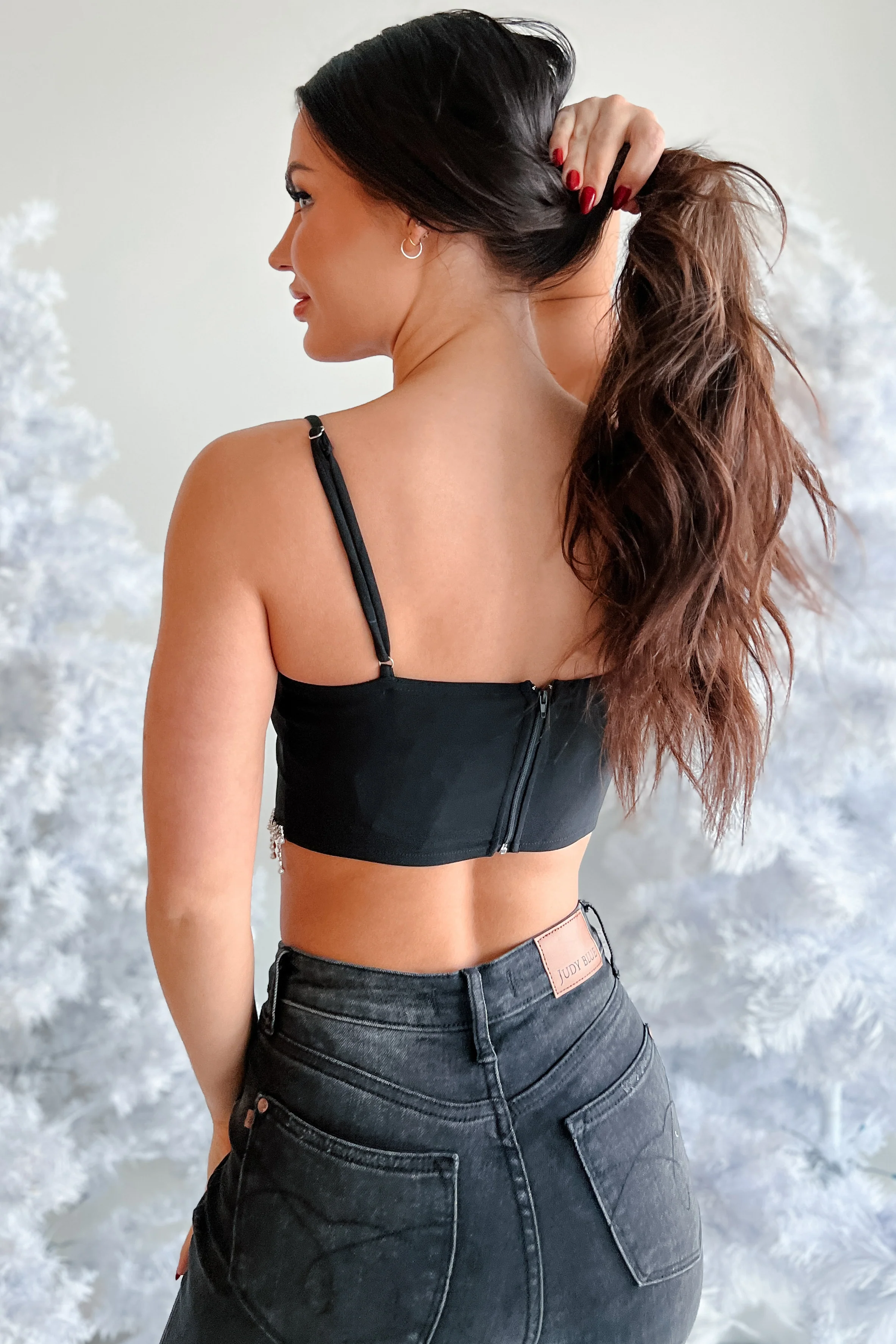 Fixed On You Rhinestone Pearl Fringe Top (Black) - Image 5
