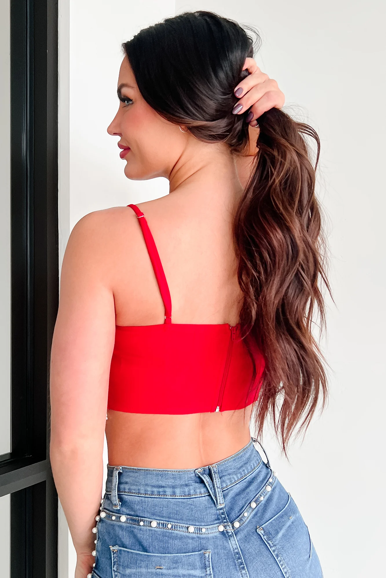 Fixed On You Rhinestone Pearl Fringe Top (Red) - Image 4